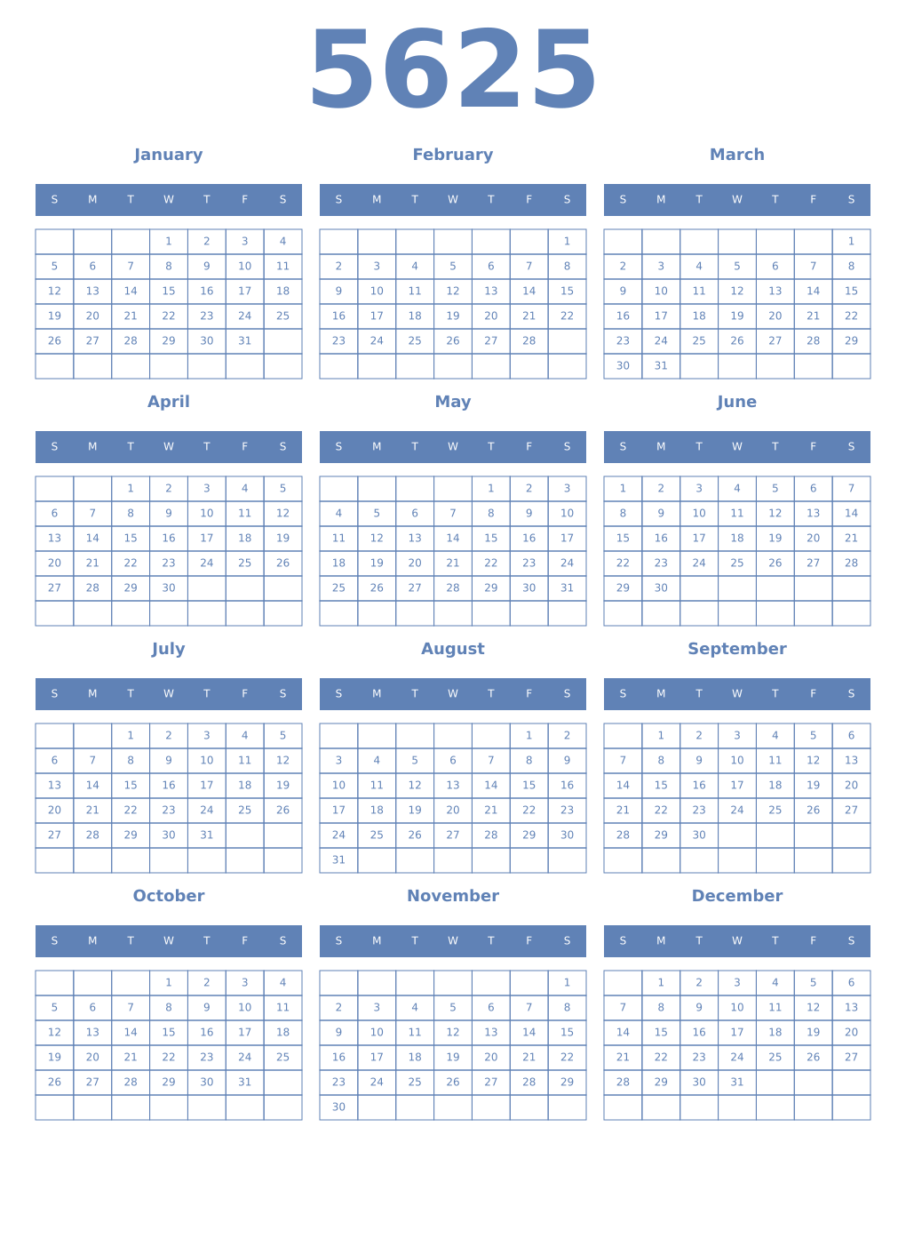 Printable 5625 Year Calendars glaucous