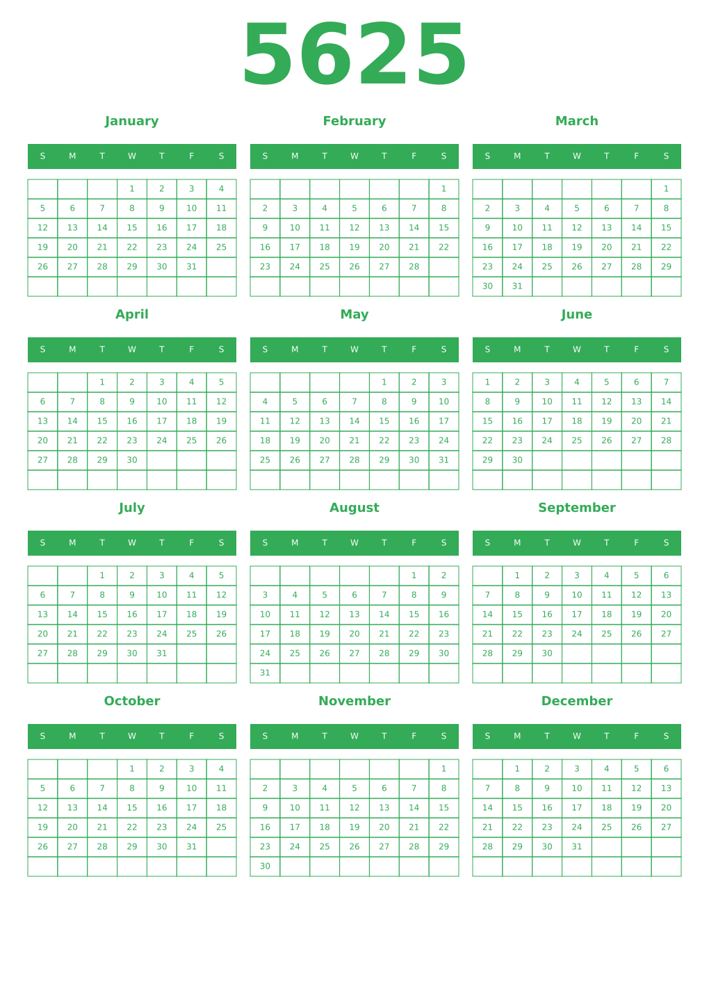 Printable 5625 Year Calendars green