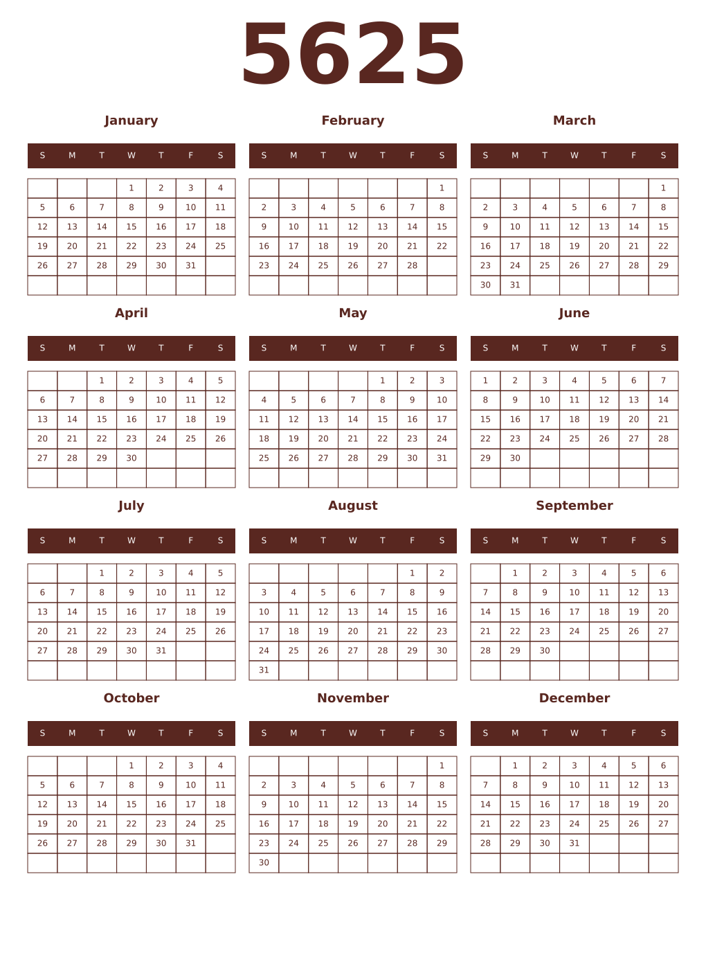 Printable 5625 Year Calendars mortuum