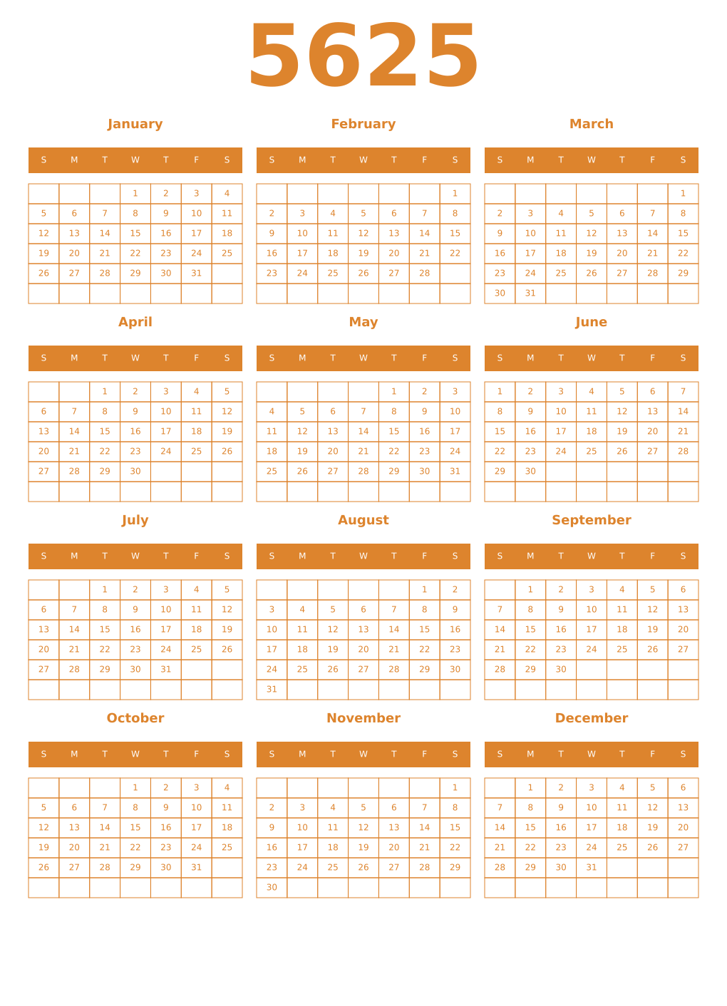 Printable 5625 Year Calendars orange