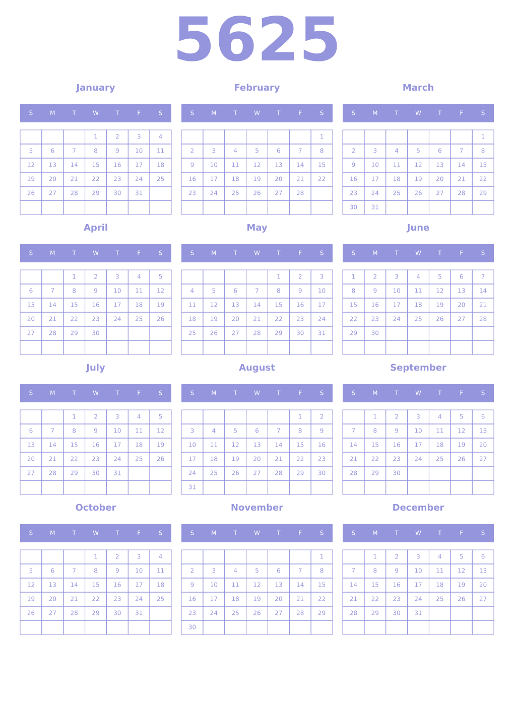 Printable 5625 Year Calendars periwinkle