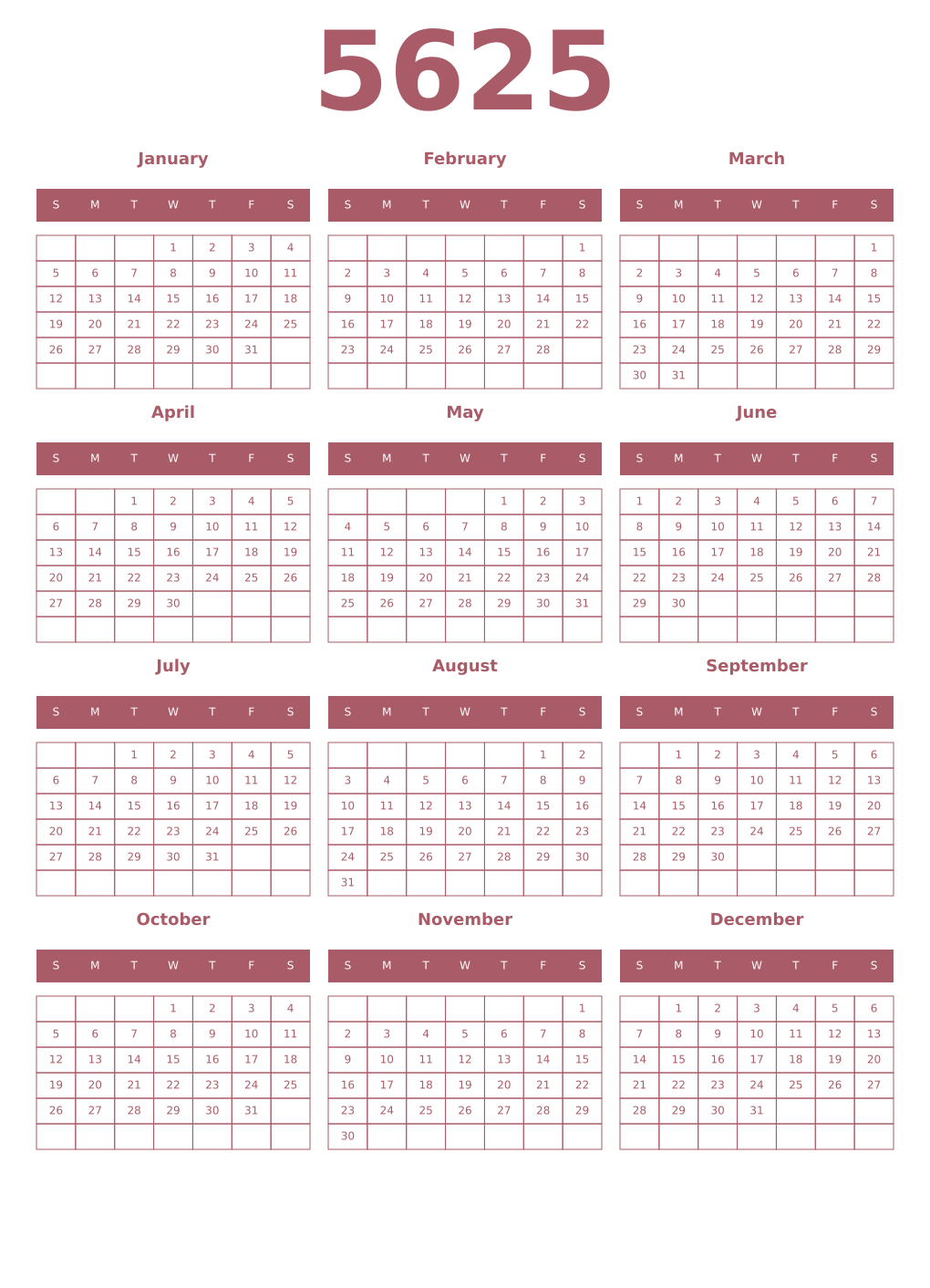 Printable 5625 Year Calendars puce