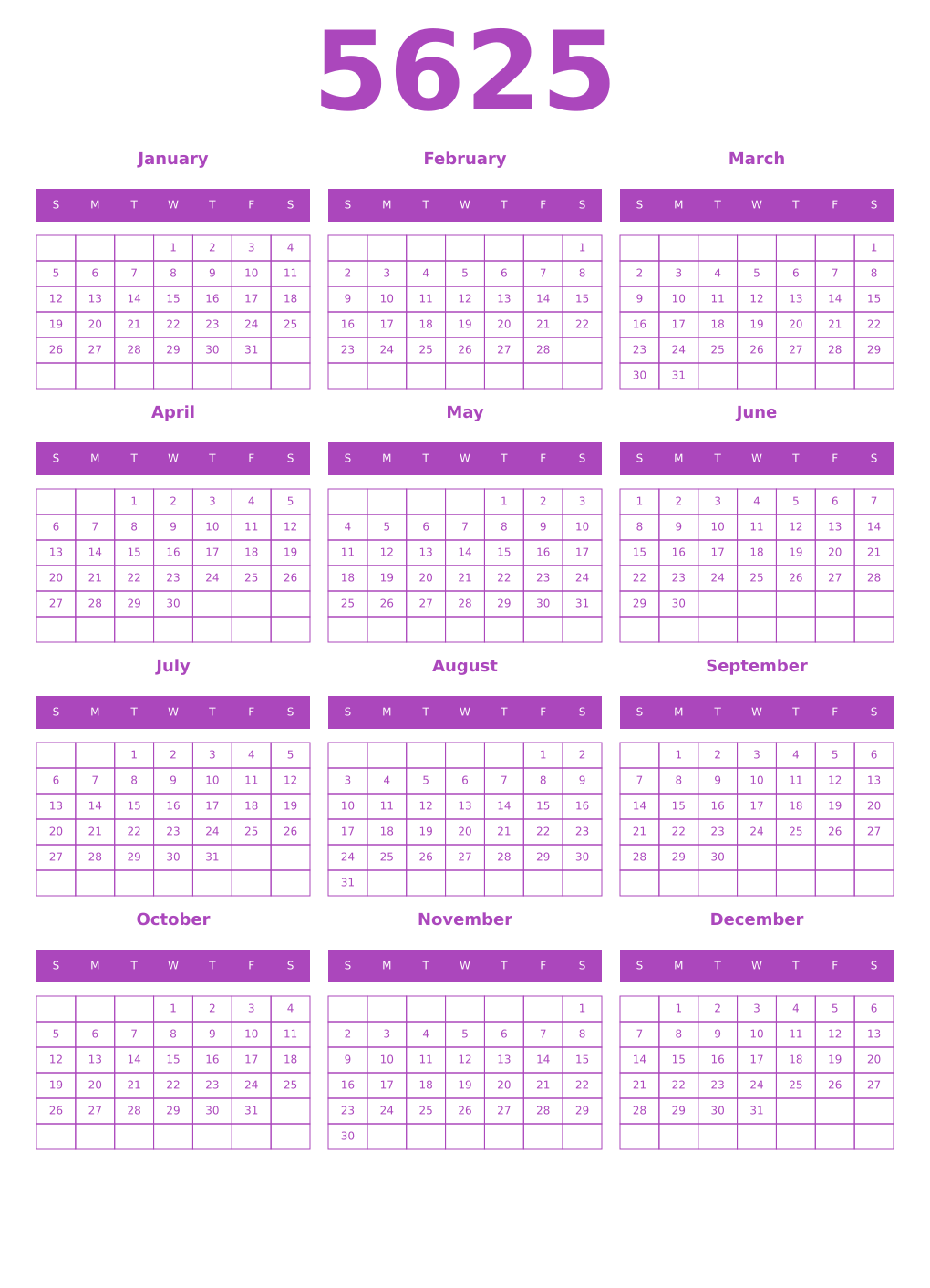Printable 5625 Year Calendars purple