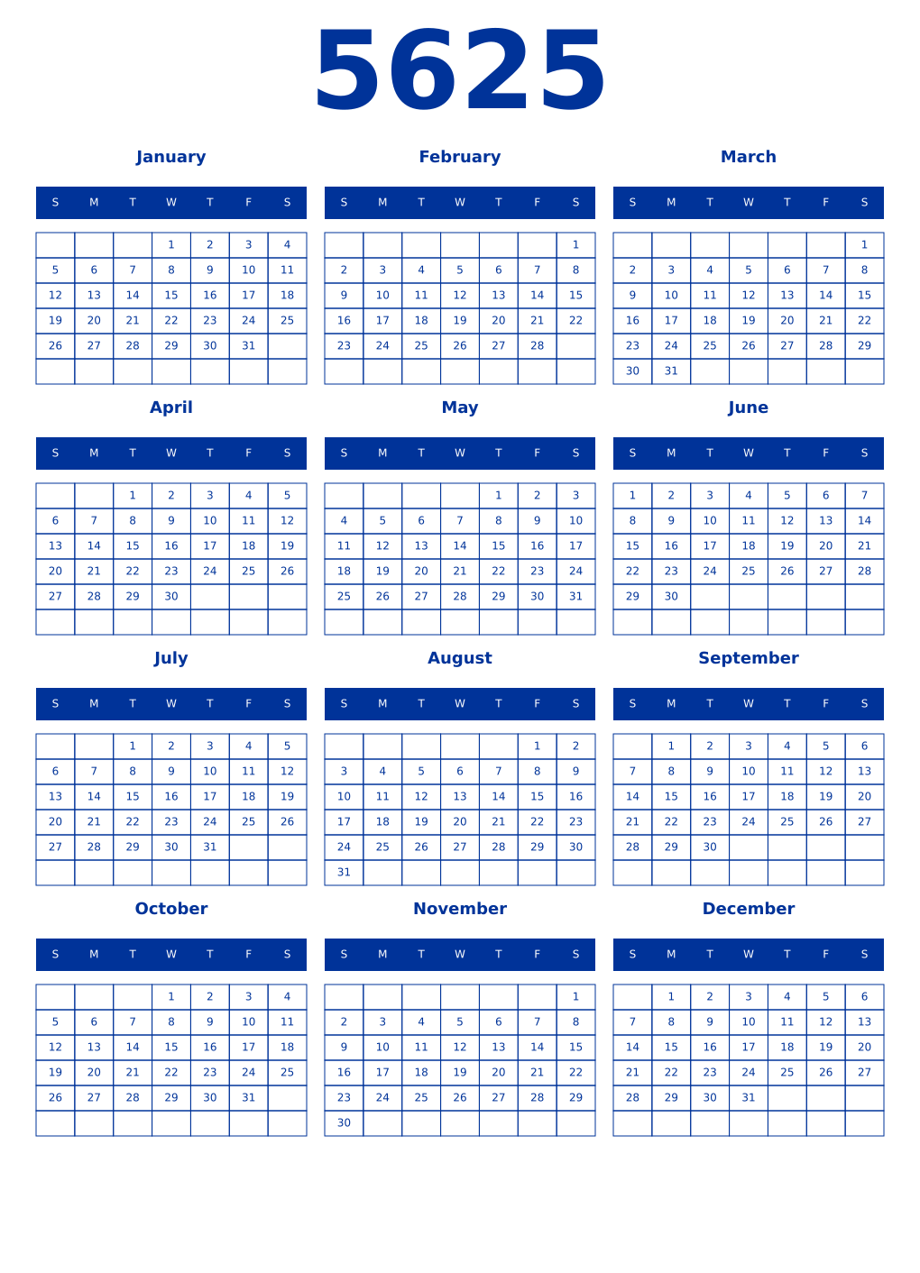 Printable 5625 Year Calendars smalt