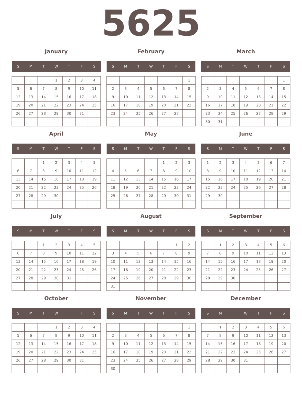 Printable 5625 Year Calendars wenge