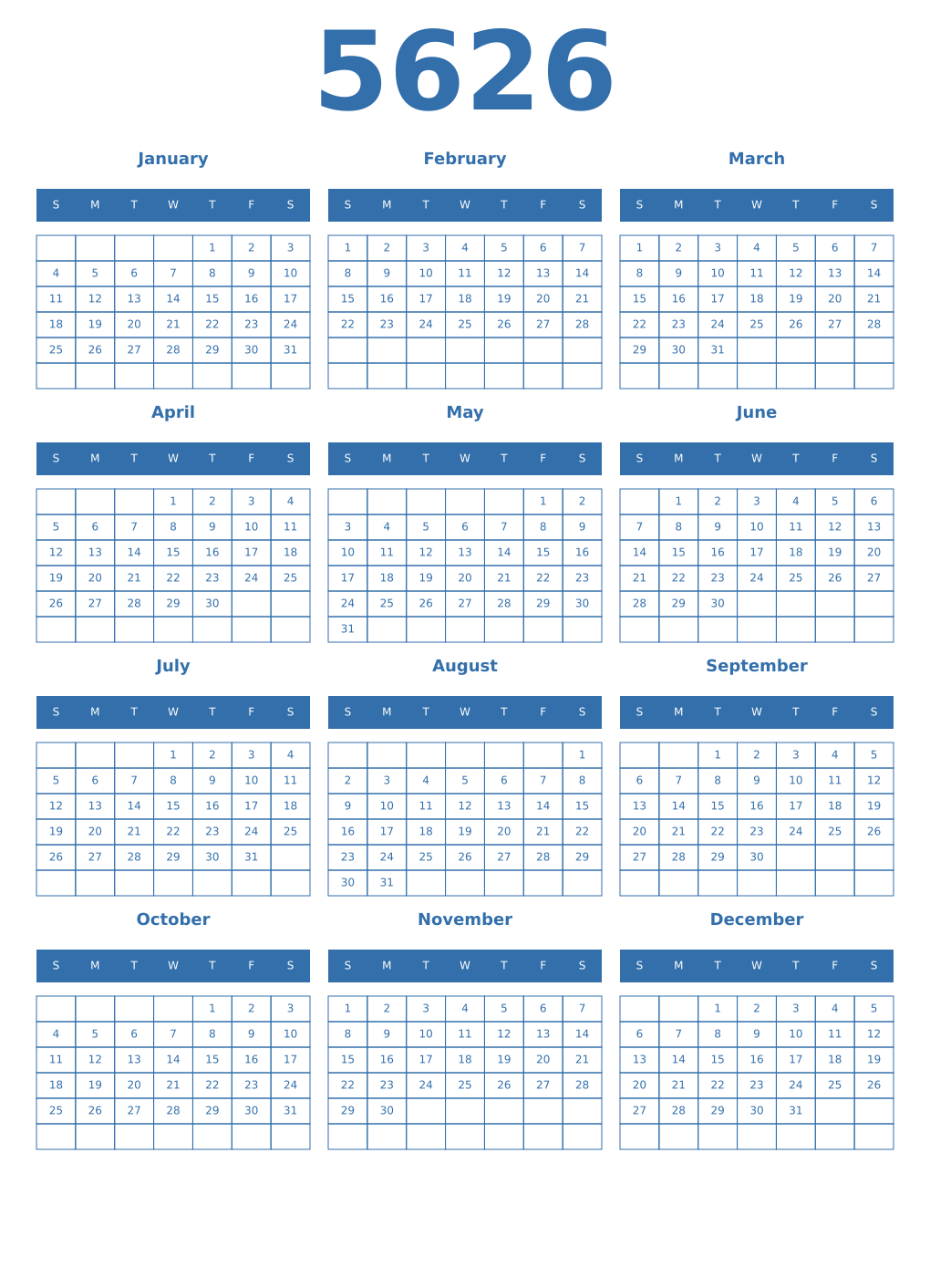 Printable 5626 Year Calendars blue