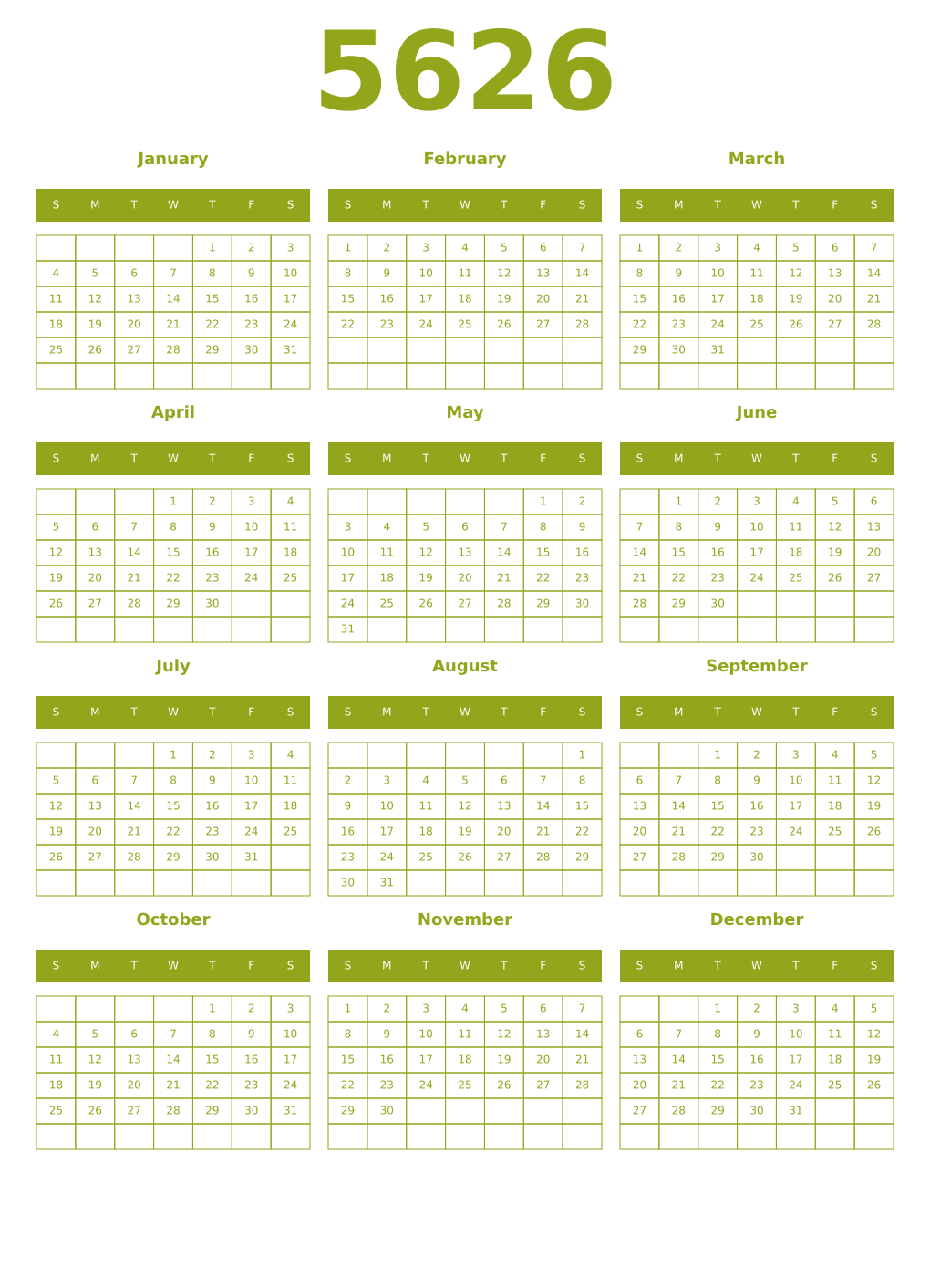 Printable 5626 Year Calendars chartreuse