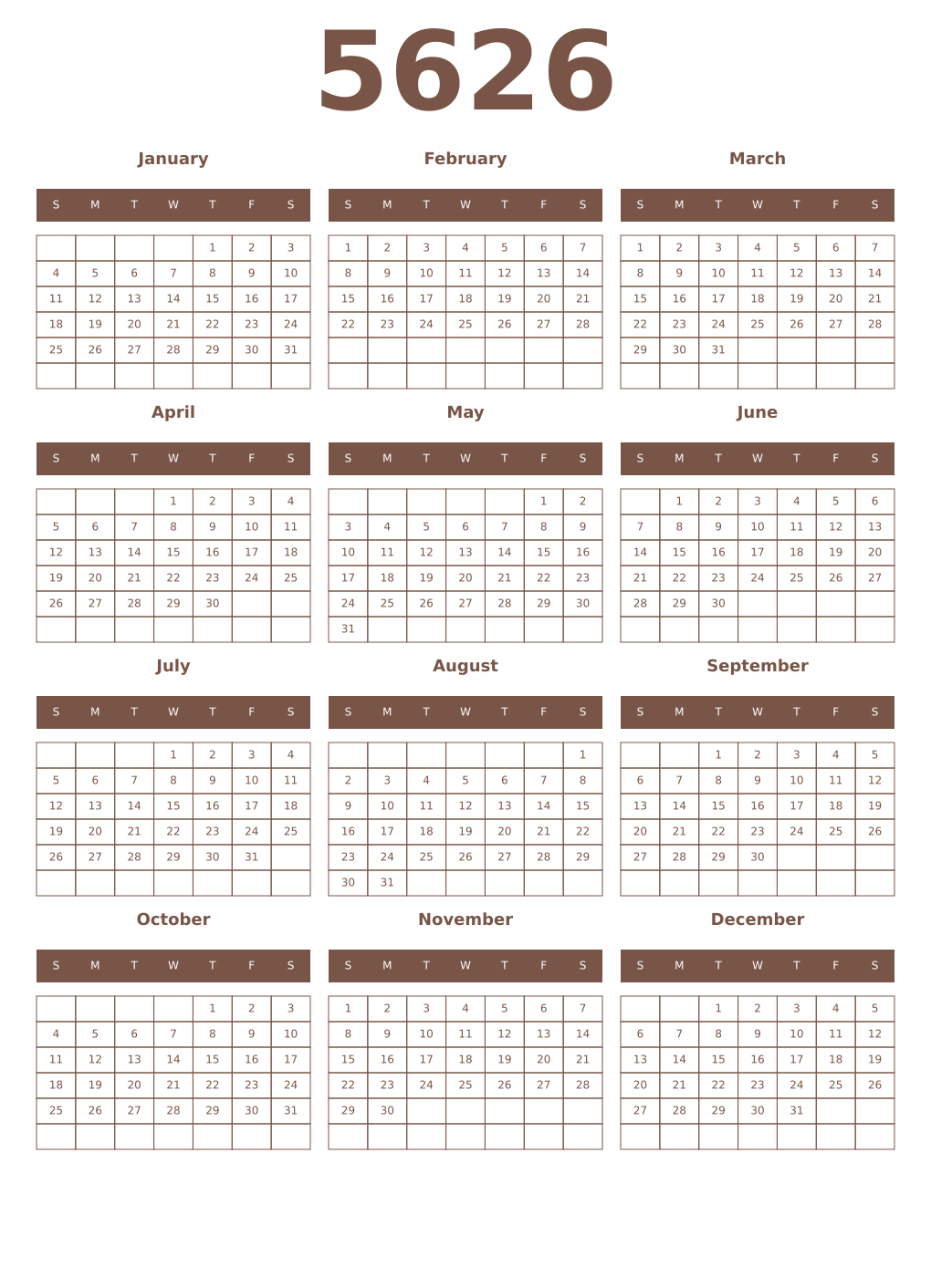Printable 5626 Year Calendars coffe