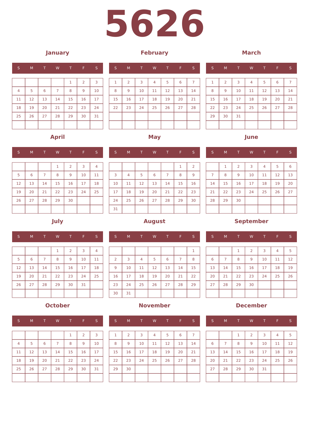 Printable 5626 Year Calendars cordovan