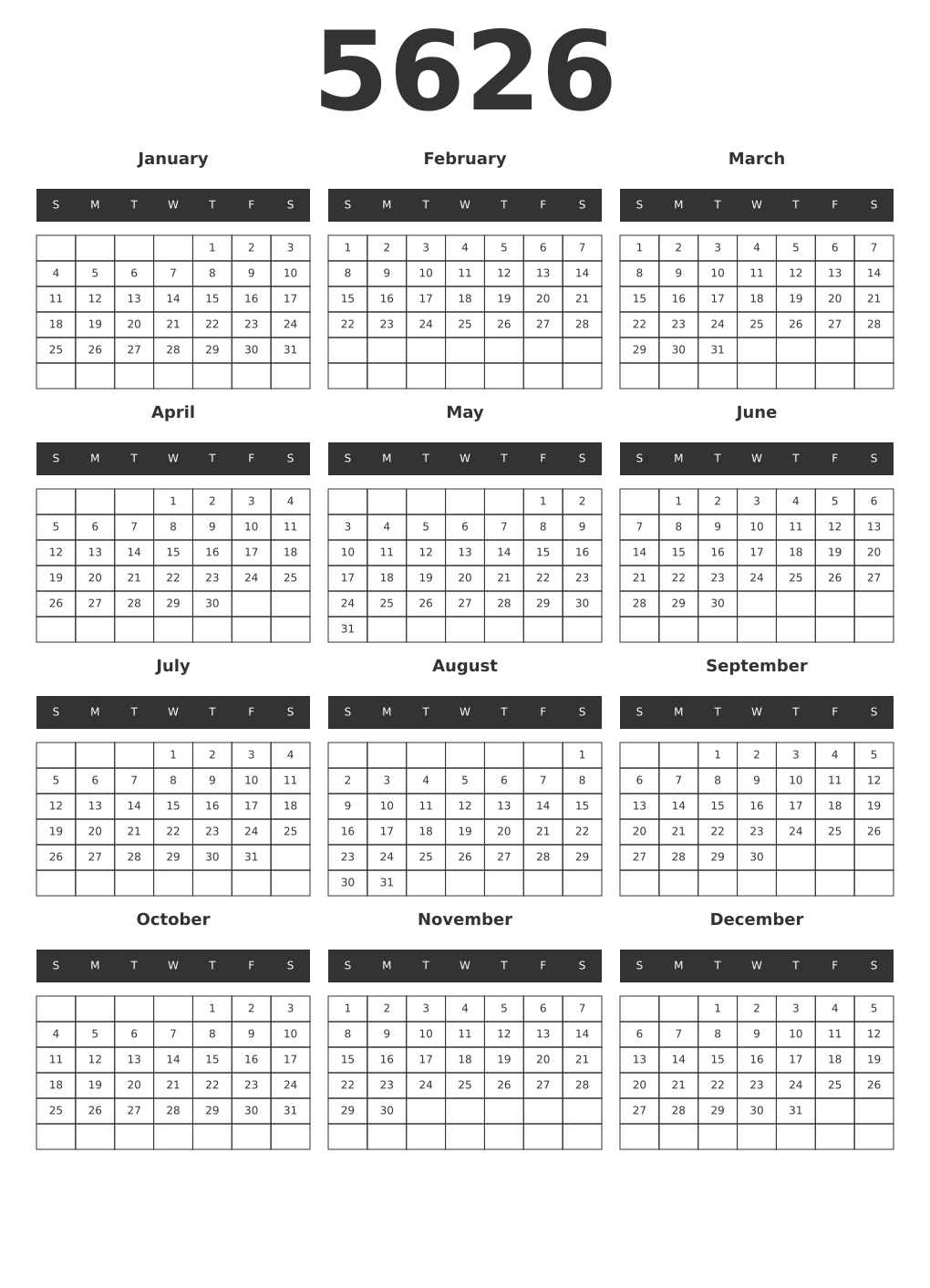Printable 5626 Year Calendars dark