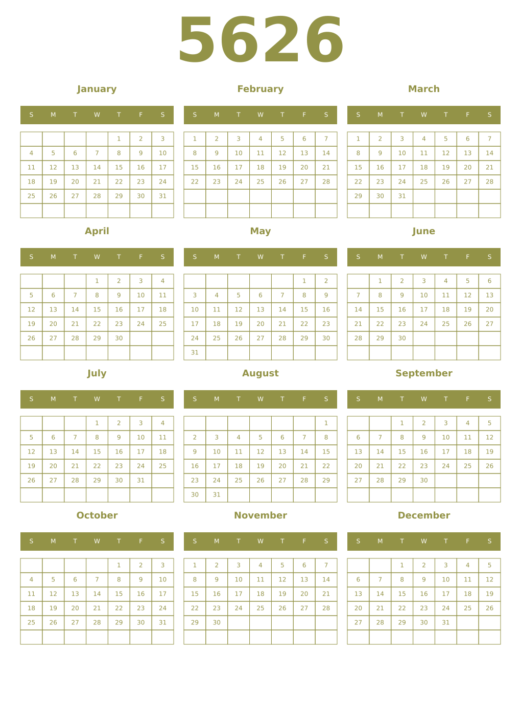 Printable 5626 Year Calendars eburnean