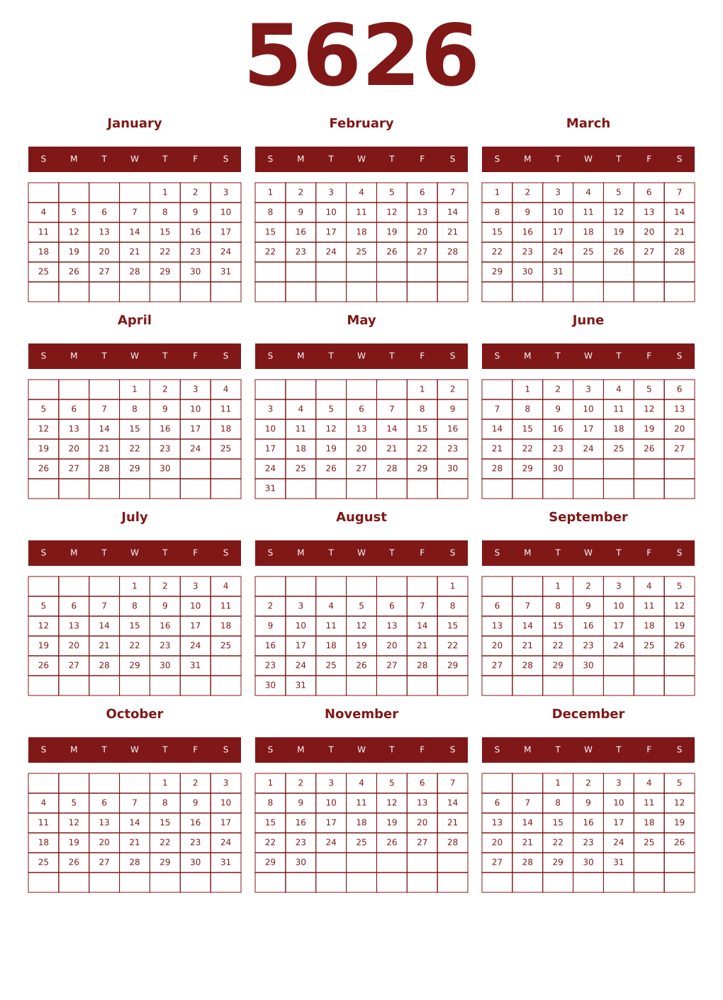 Printable 5626 Year Calendars falu