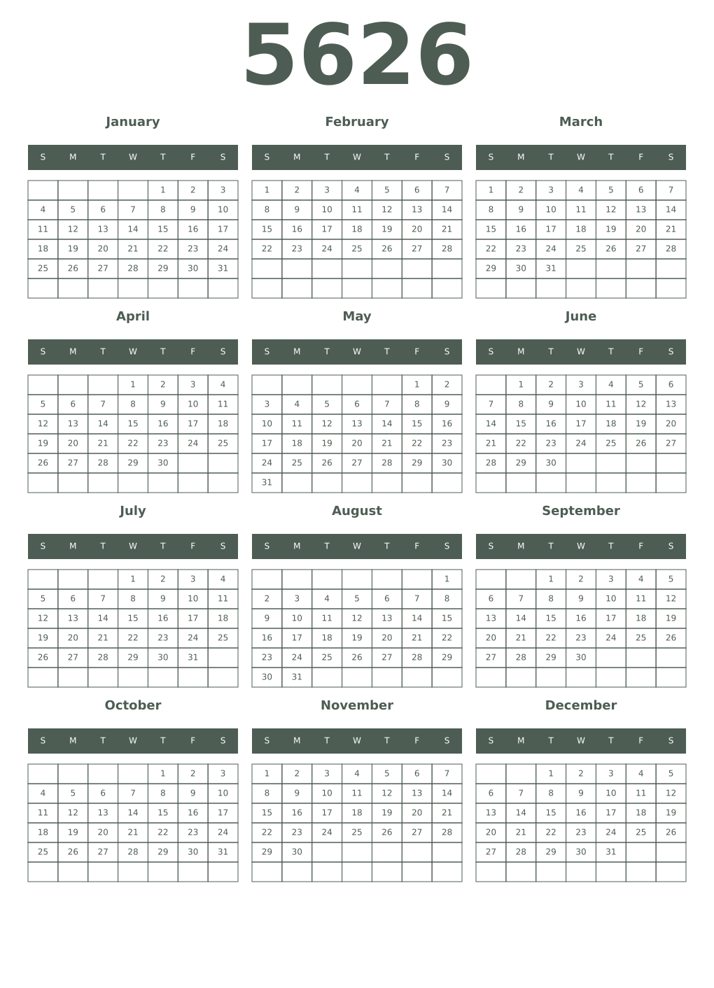 Printable 5626 Year Calendars feldgrau