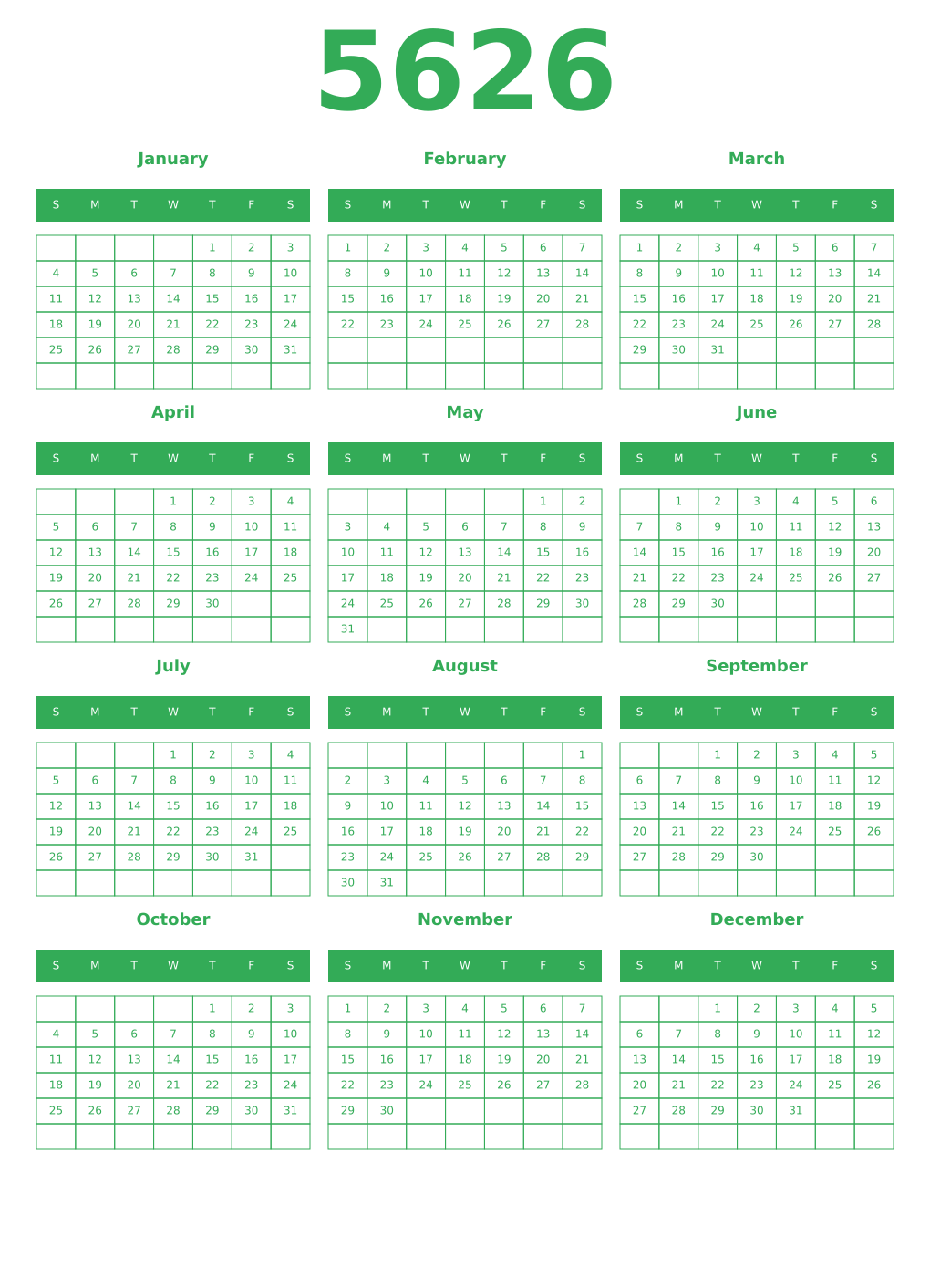 Printable 5626 Year Calendars green
