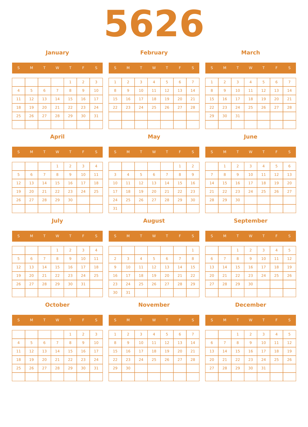 Printable 5626 Year Calendars orange