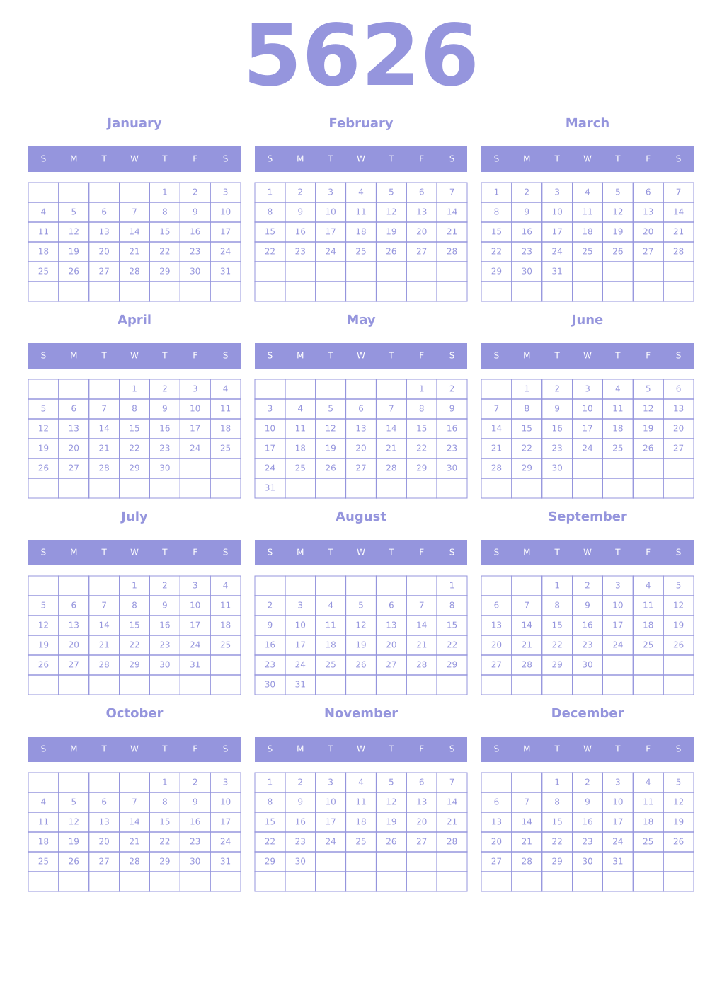 Printable 5626 Year Calendars periwinkle