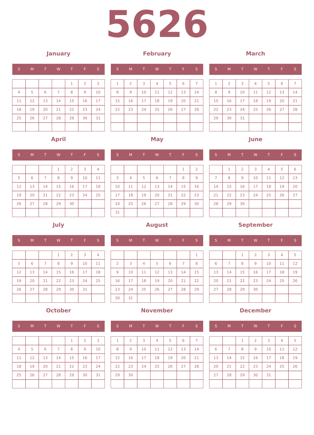 Printable 5626 Year Calendars puce