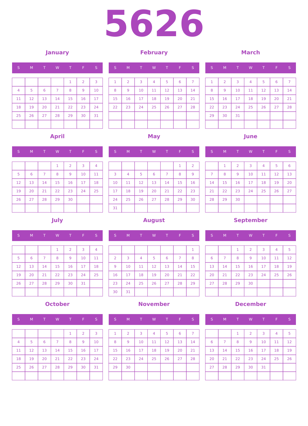 Printable 5626 Year Calendars purple
