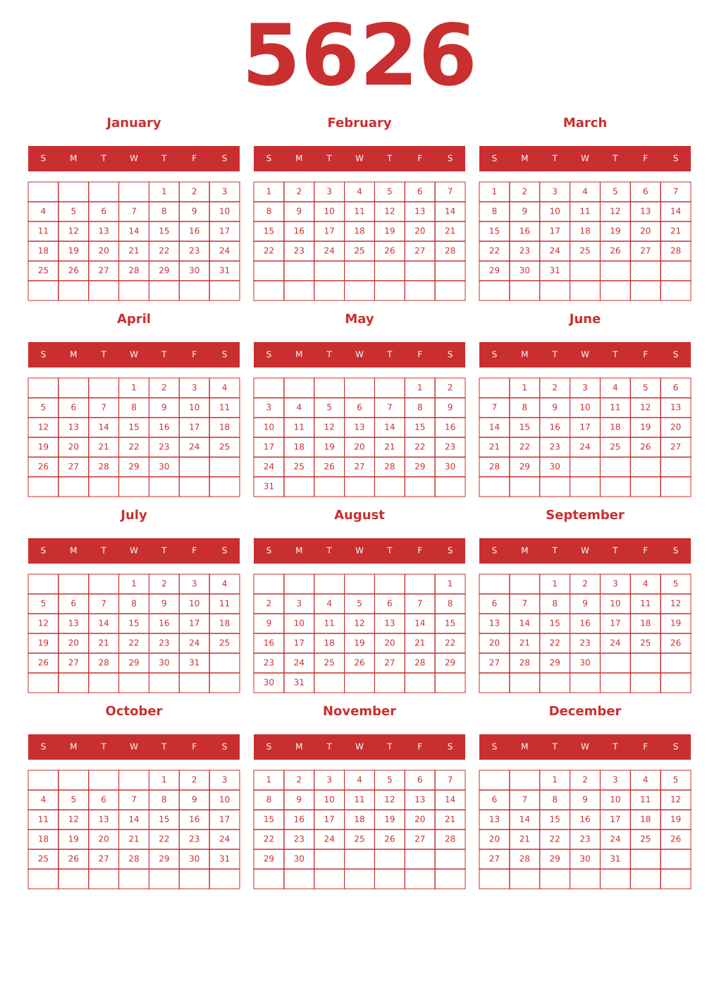 Printable 5626 Year Calendars red