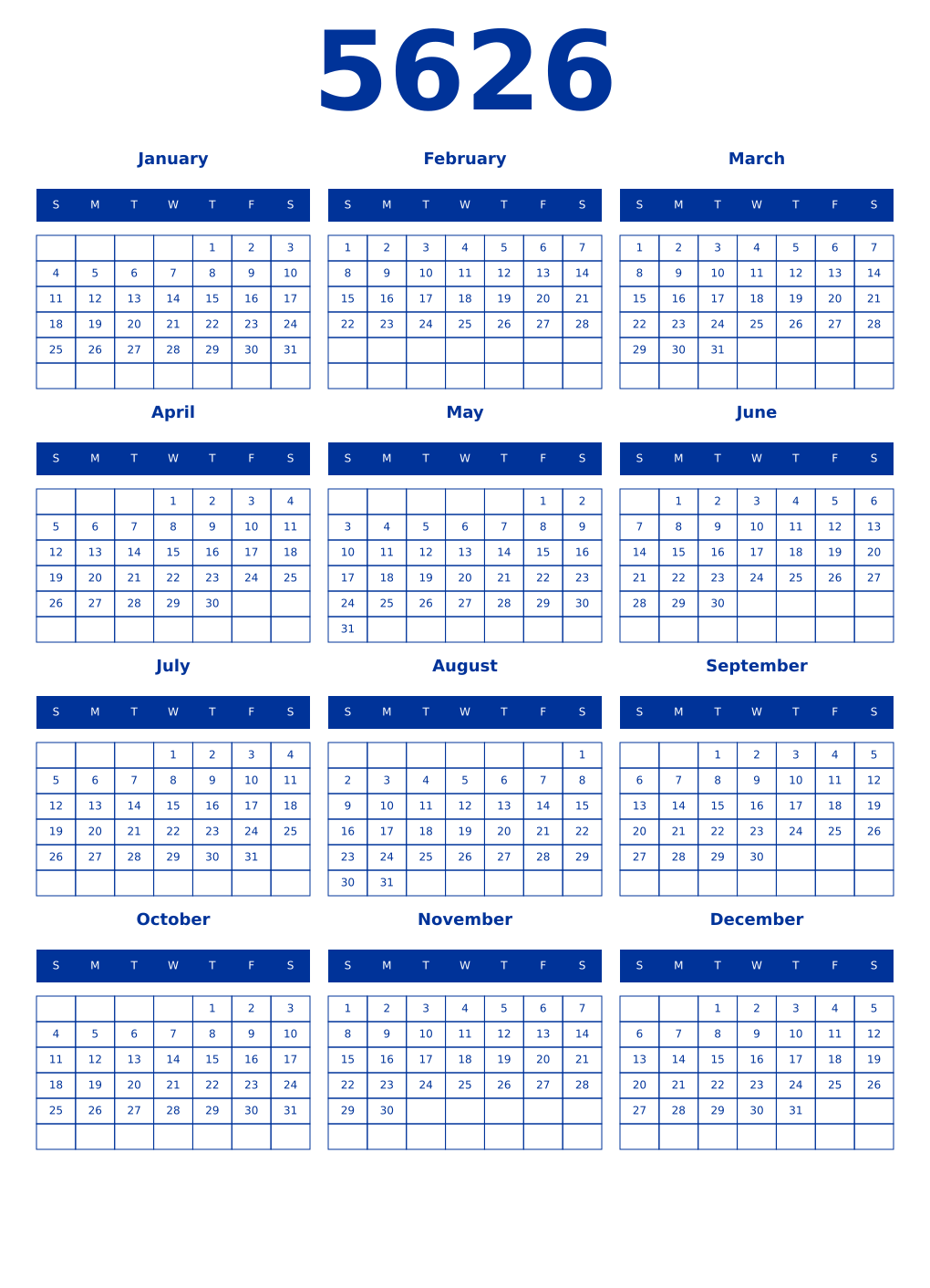 Printable 5626 Year Calendars smalt