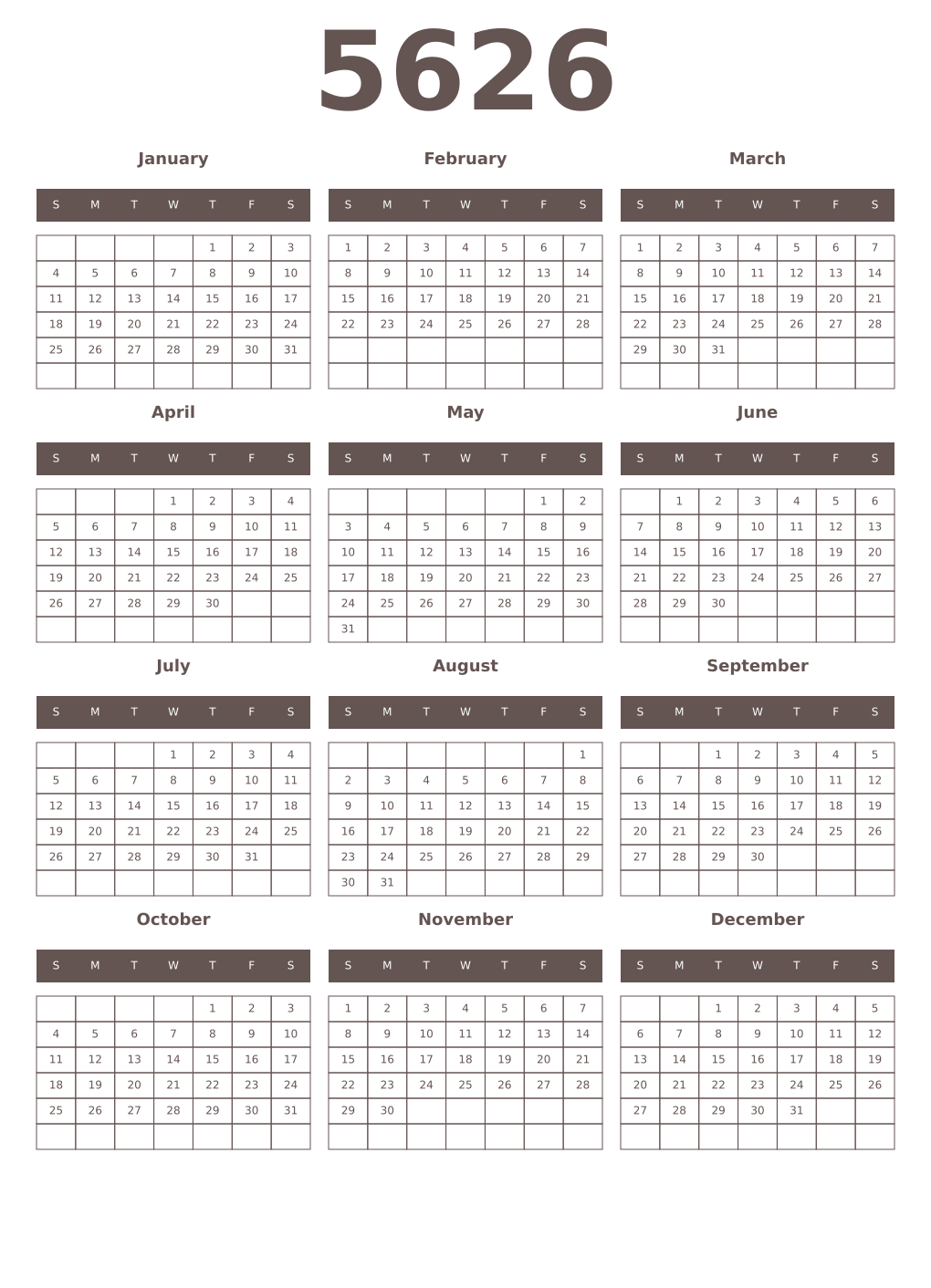 Printable 5626 Year Calendars wenge