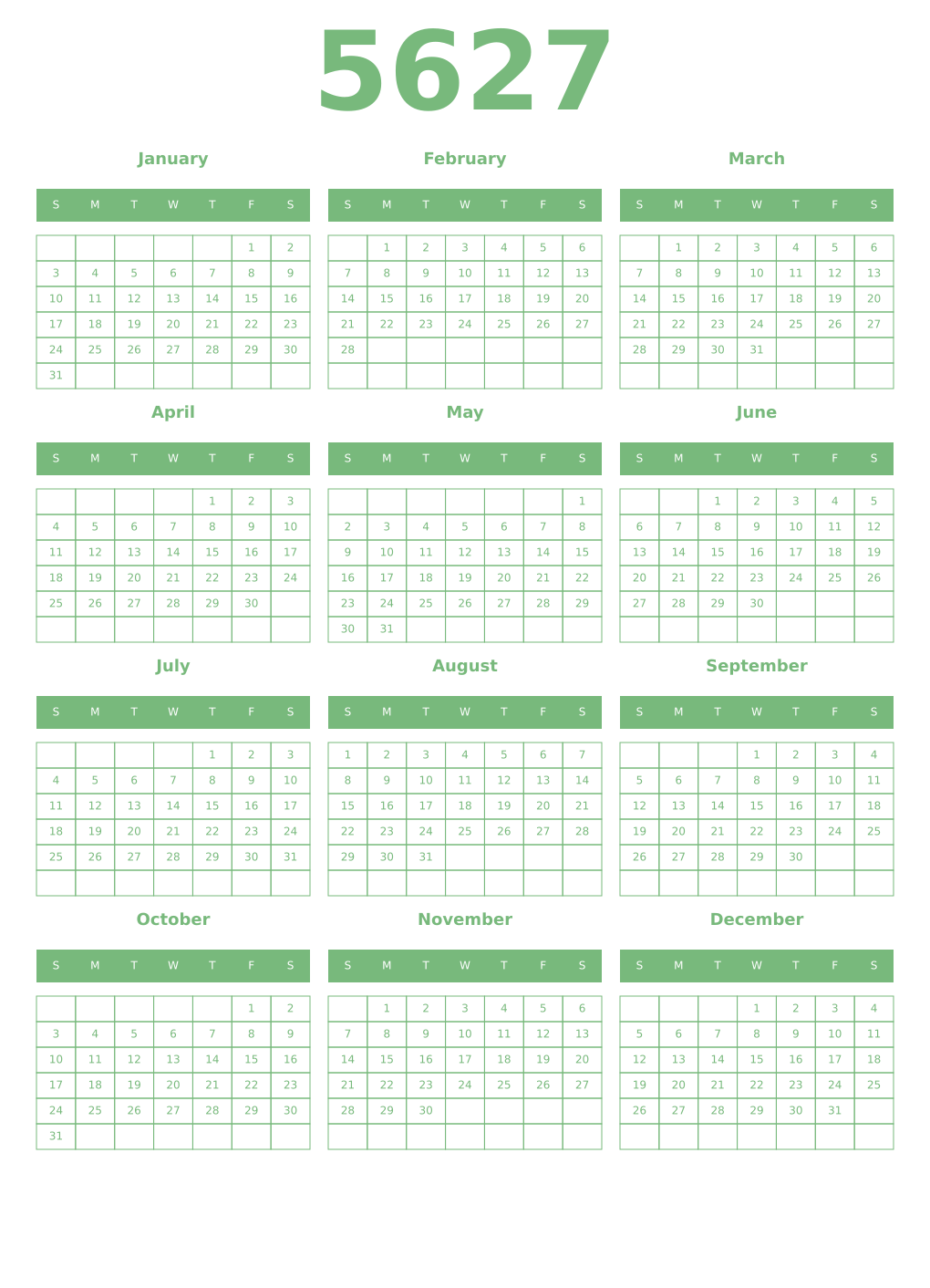 Printable 5627 Year Calendars celadon