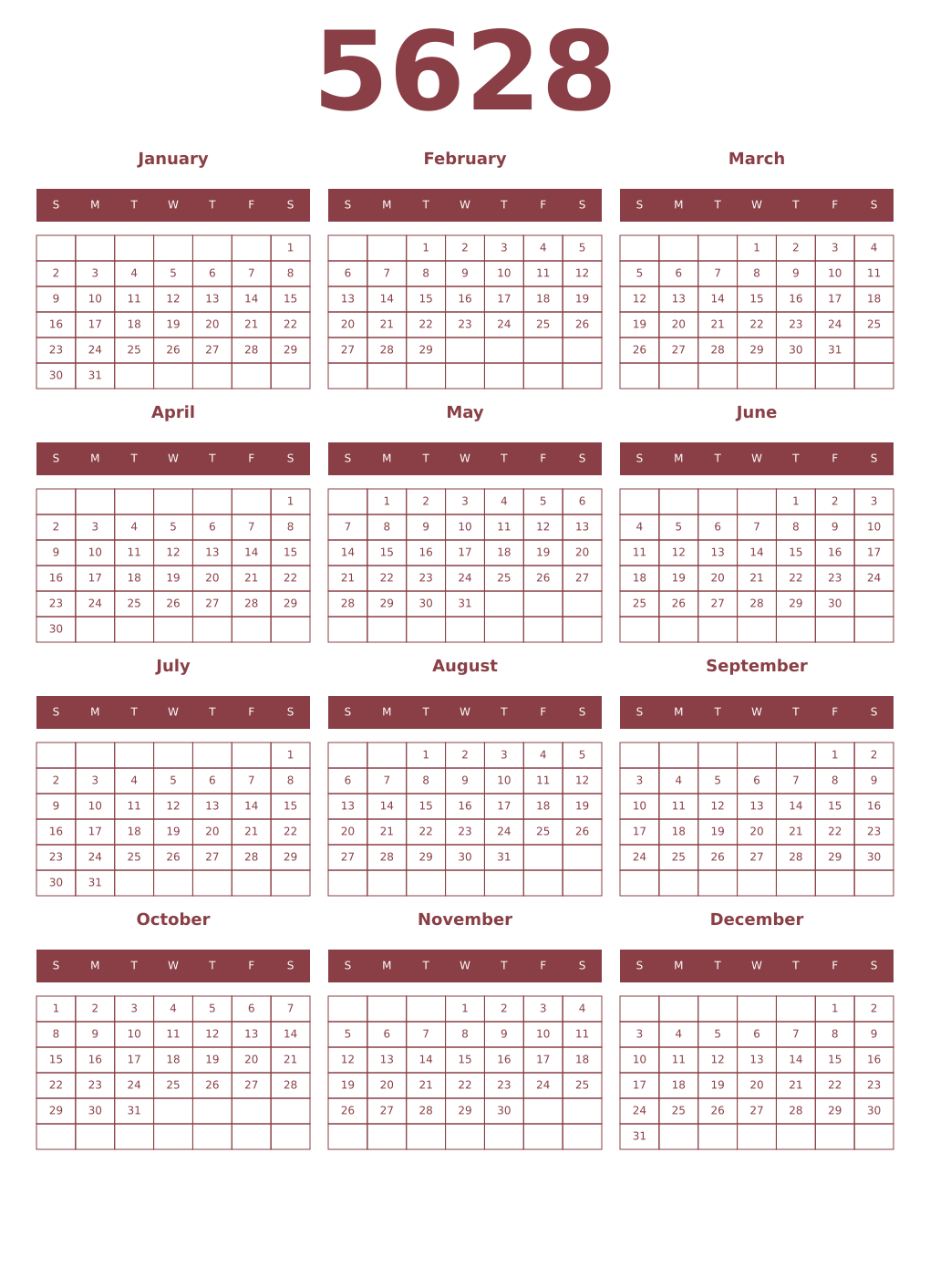 Printable 5628 Year Calendars cordovan