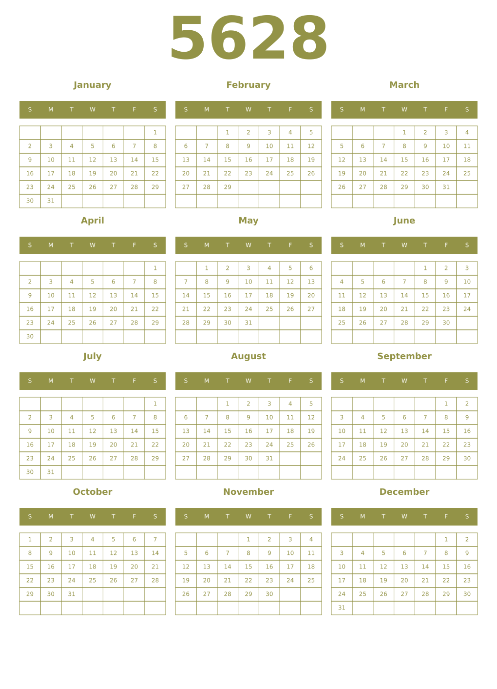 Printable 5628 Year Calendars eburnean