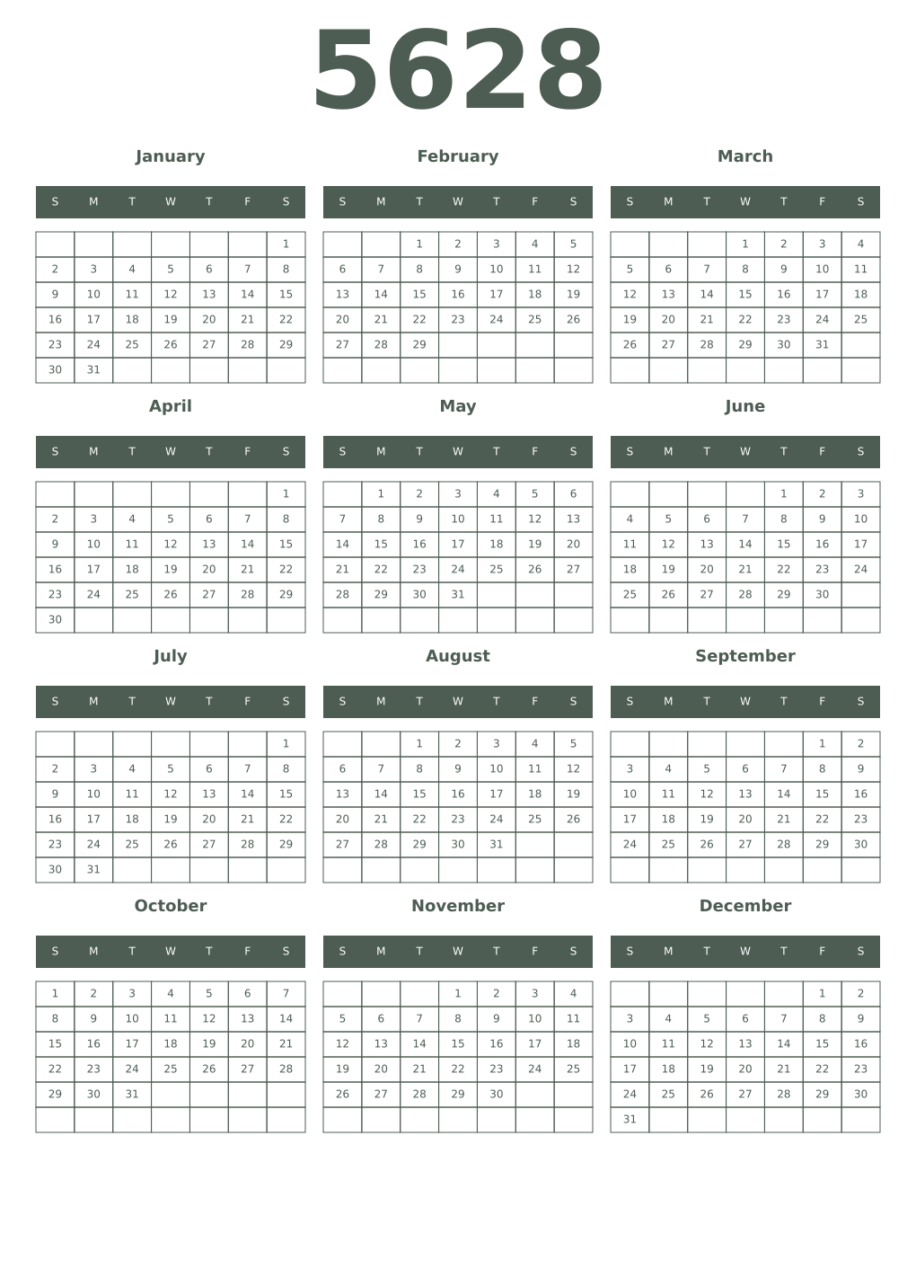 Printable 5628 Year Calendars feldgrau