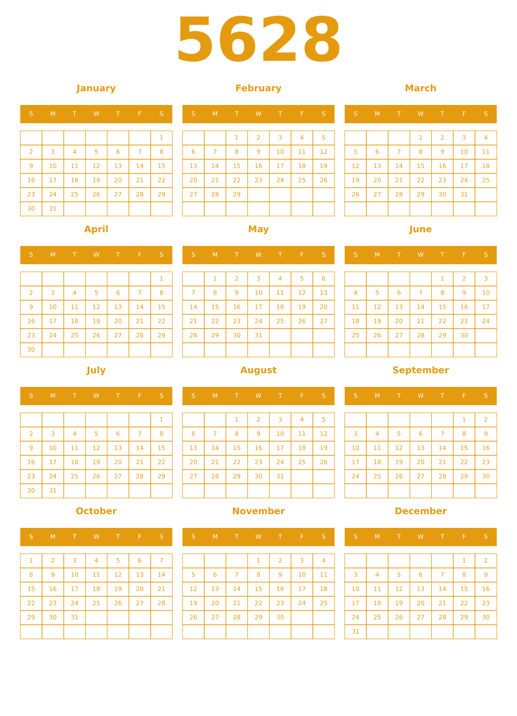 Printable 5628 Year Calendars gamboge