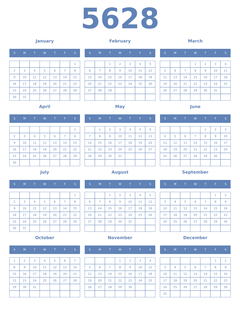 Printable 5628 Year Calendars glaucous