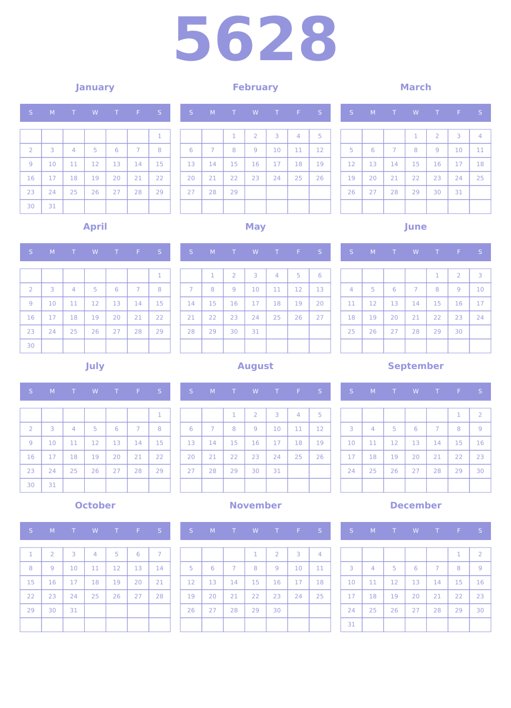 Printable 5628 Year Calendars periwinkle
