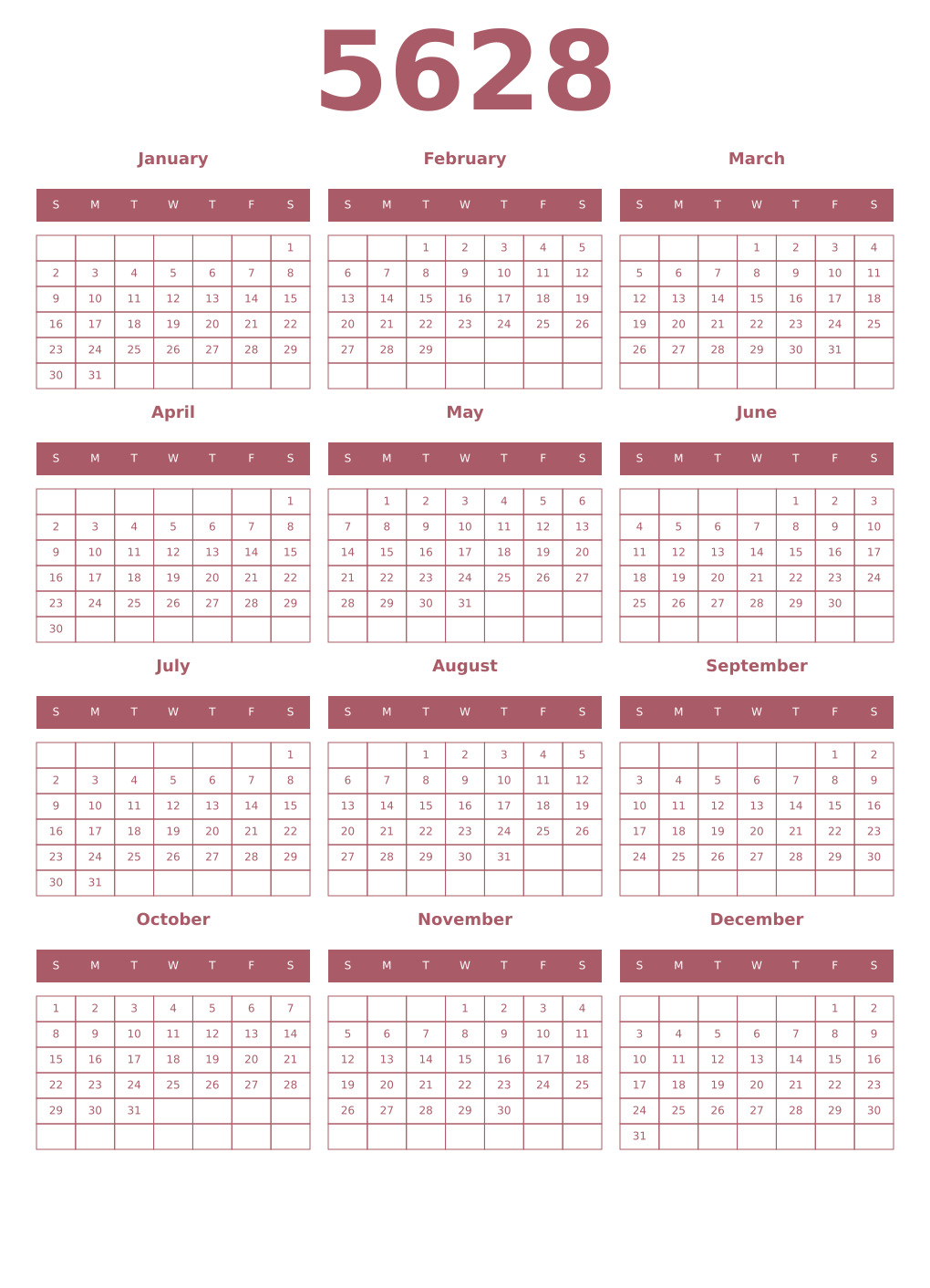 Printable 5628 Year Calendars puce