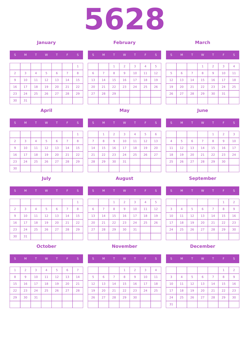 Printable 5628 Year Calendars purple