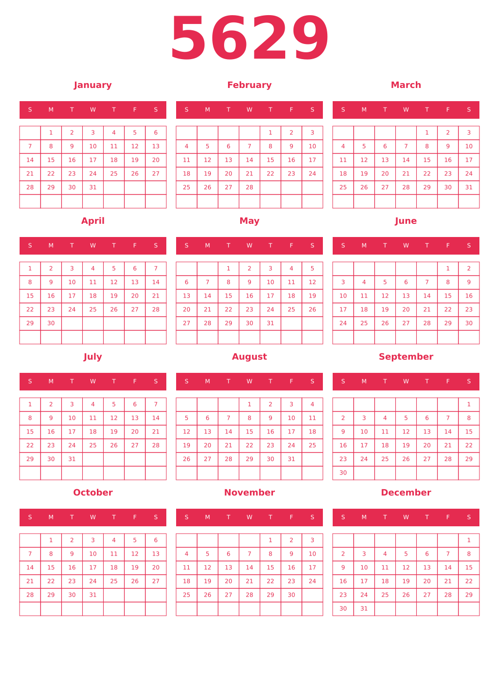 Printable 5629 Year Calendars amaranth