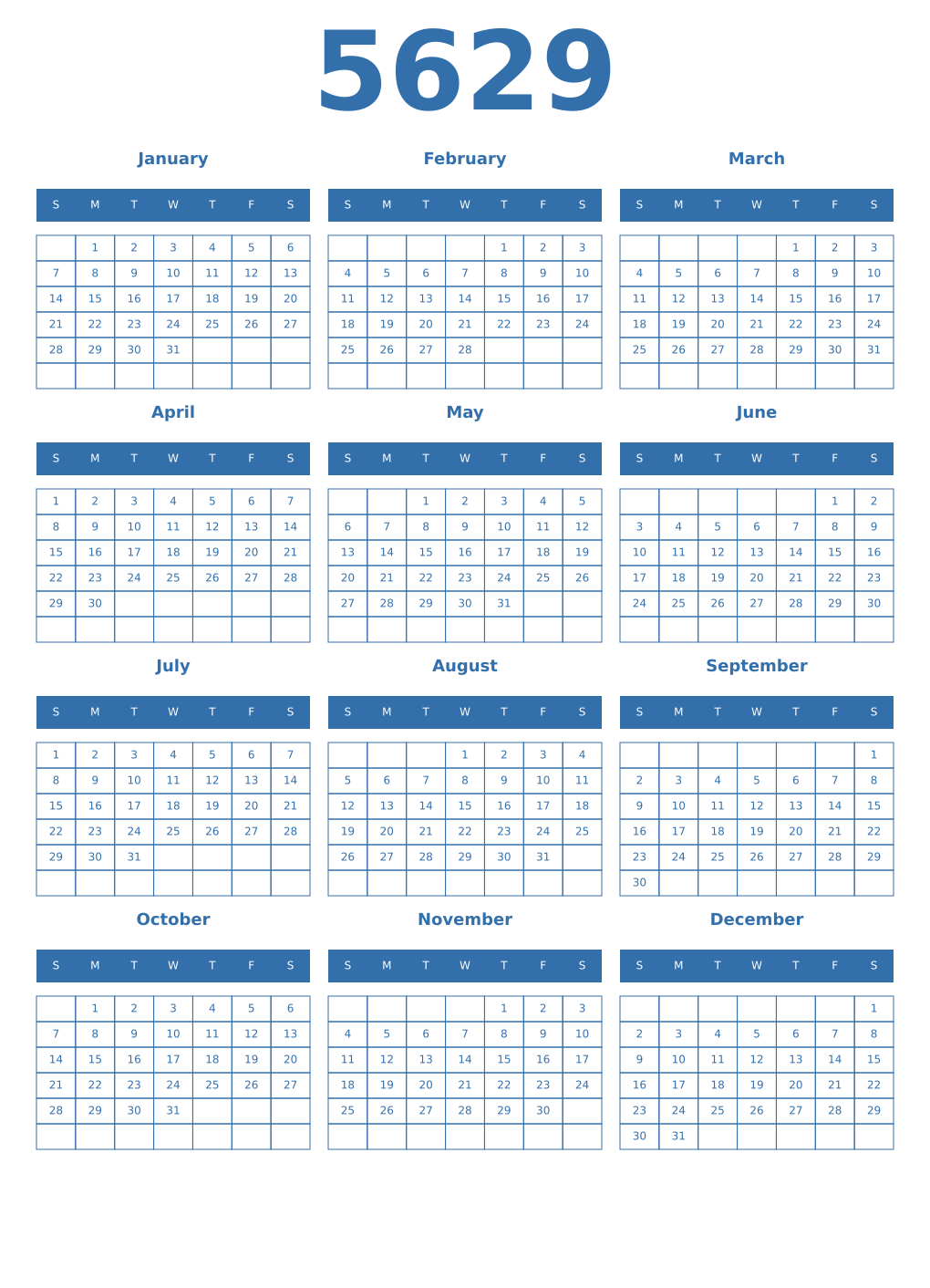 Printable 5629 Year Calendars blue