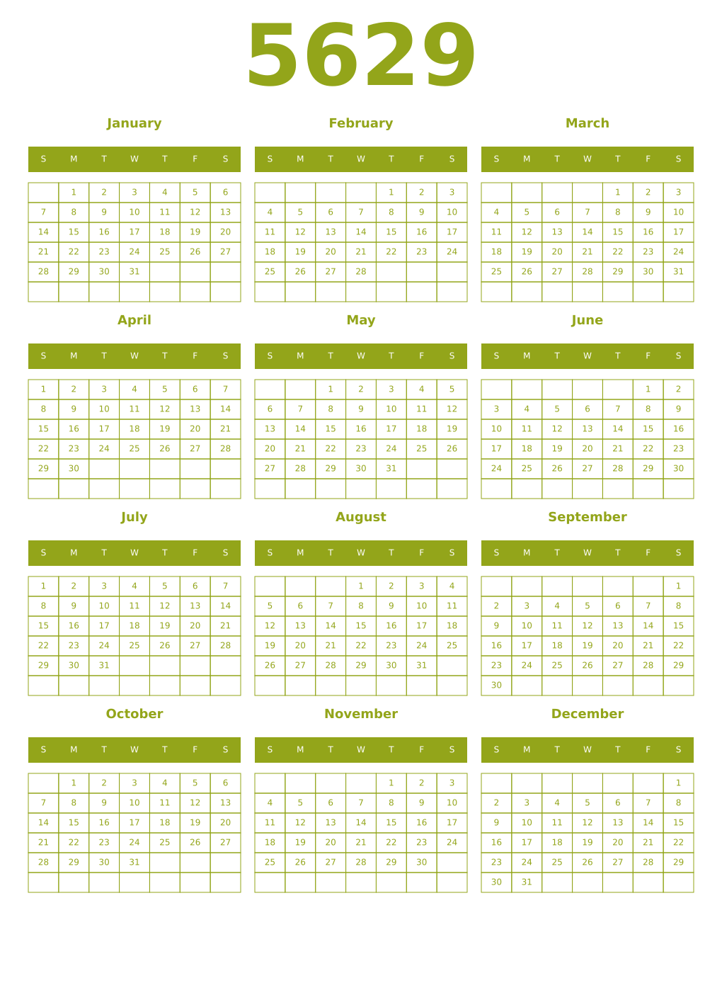 Printable 5629 Year Calendars chartreuse