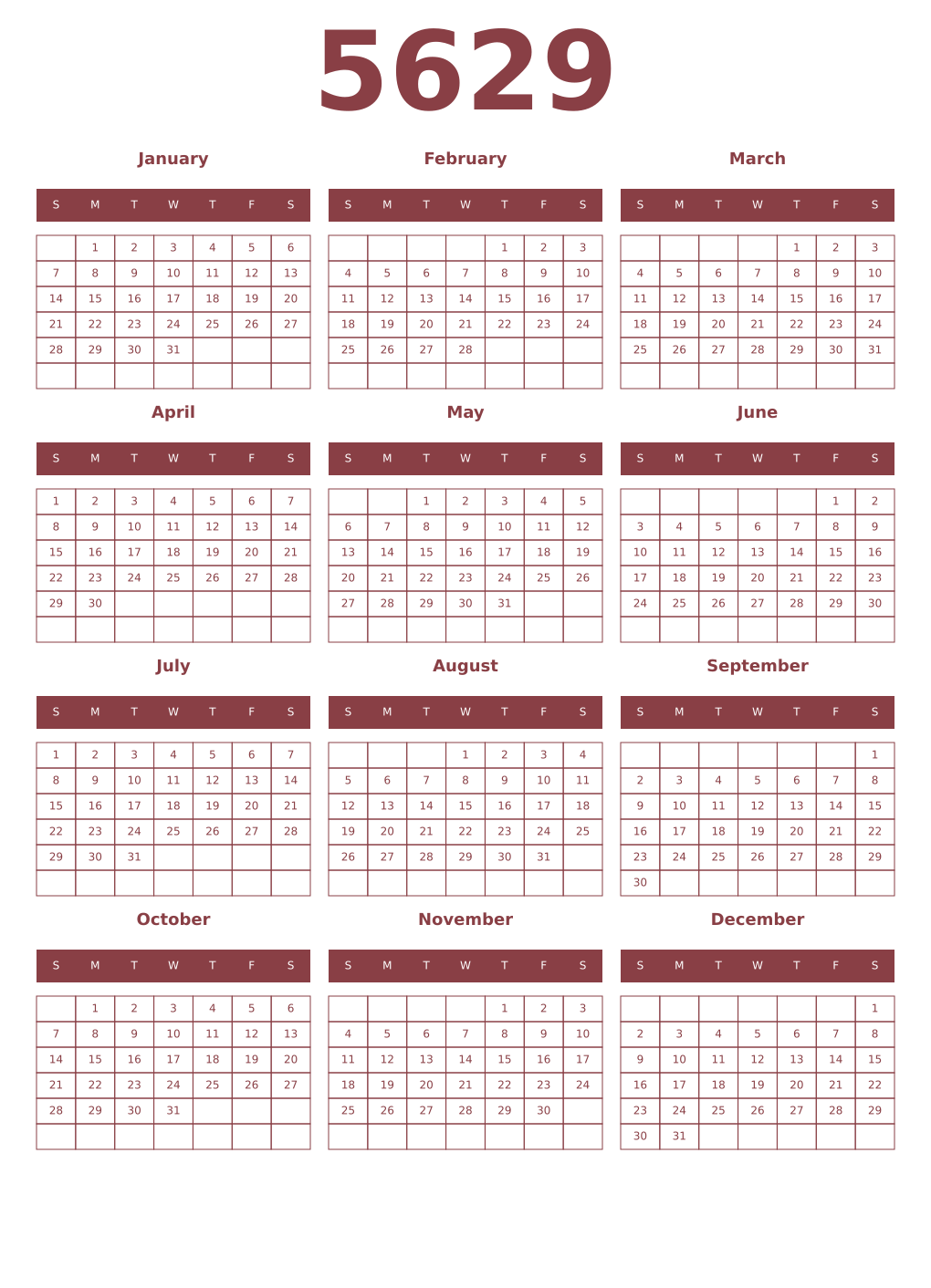 Printable 5629 Year Calendars cordovan