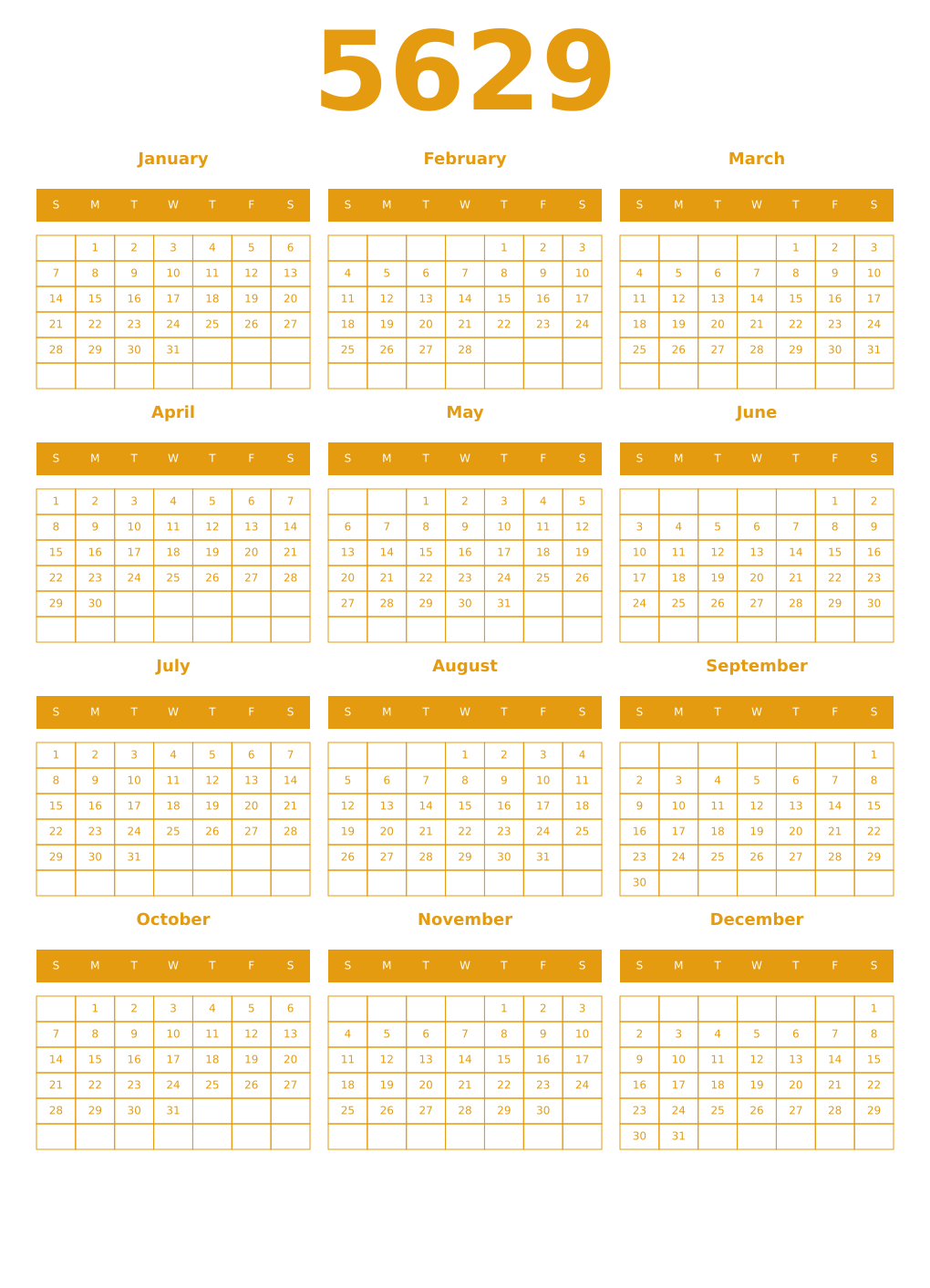 Printable 5629 Year Calendars gamboge