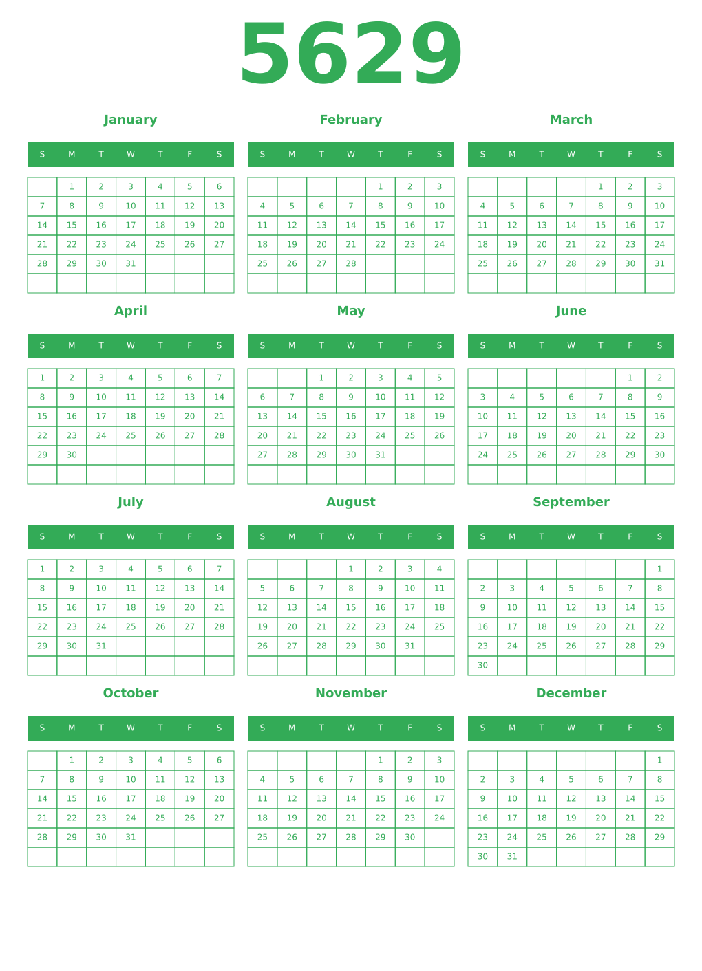 Printable 5629 Year Calendars green