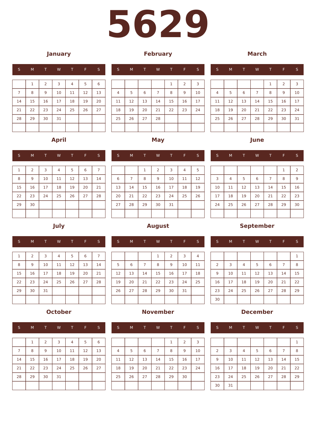 Printable 5629 Year Calendars mortuum