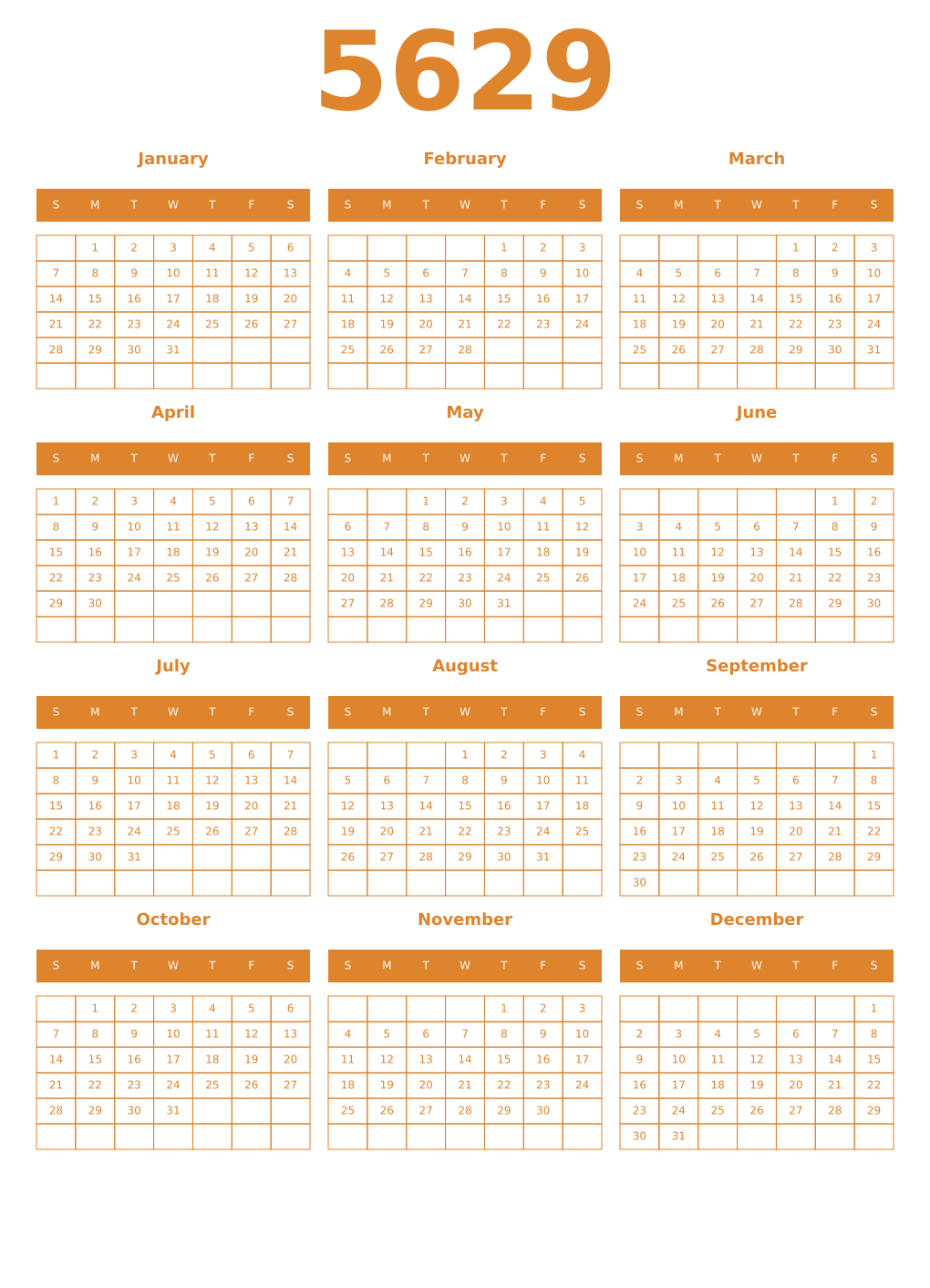 Printable 5629 Year Calendars orange
