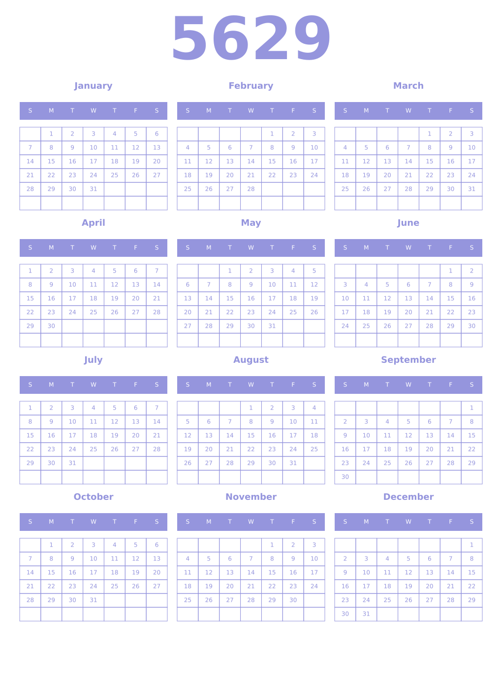 Printable 5629 Year Calendars periwinkle