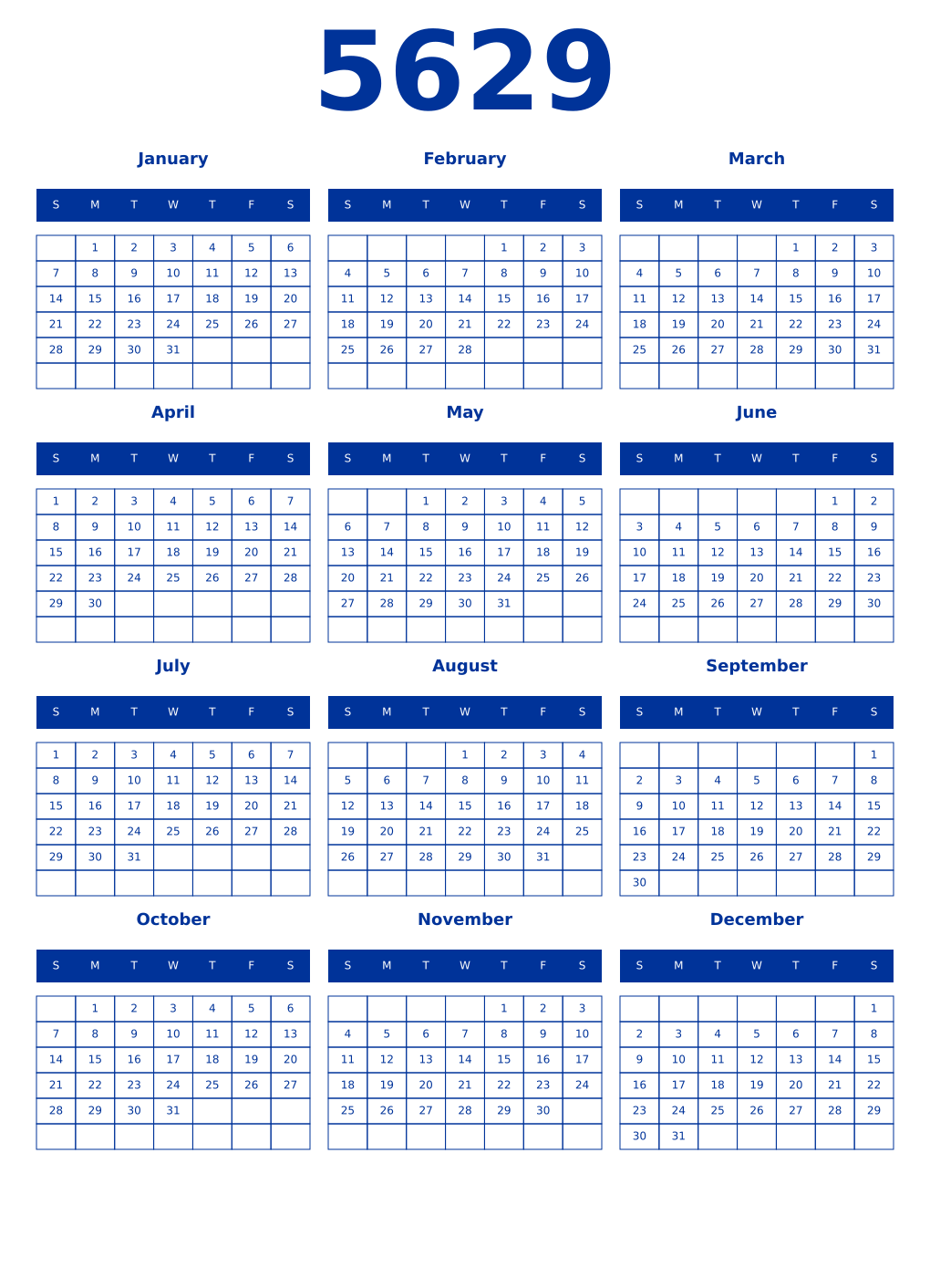 Printable 5629 Year Calendars smalt