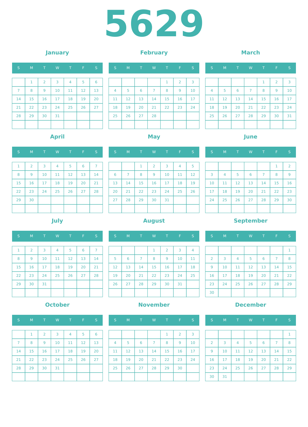 Printable 5629 Year Calendars verdigris