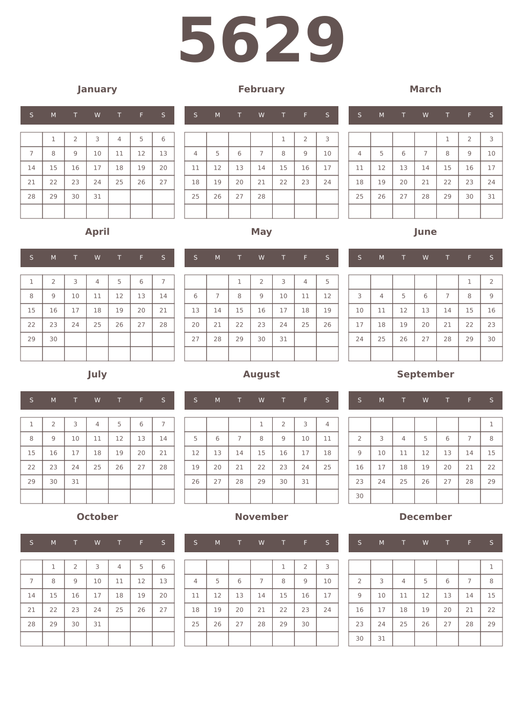 Printable 5629 Year Calendars wenge