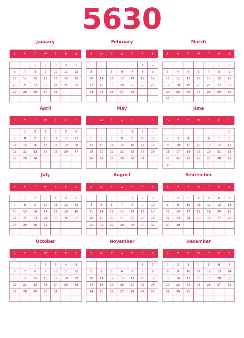 Printable 5630 Year Calendars amaranth