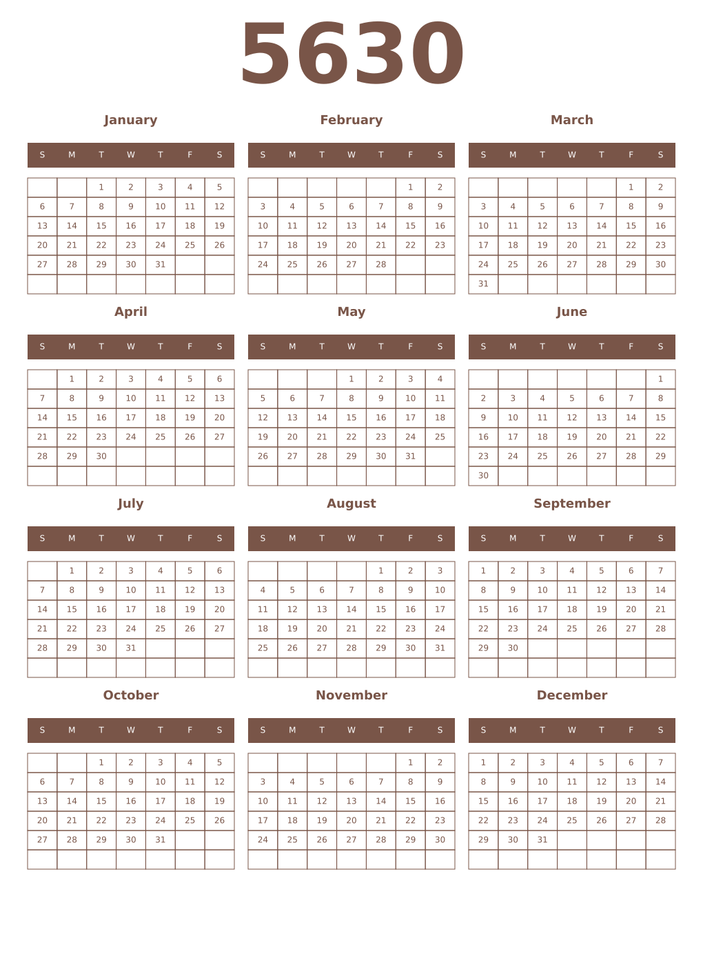 Printable 5630 Year Calendars coffe