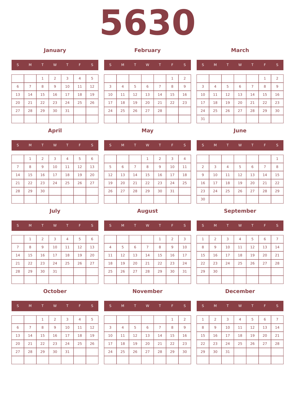 Printable 5630 Year Calendars cordovan