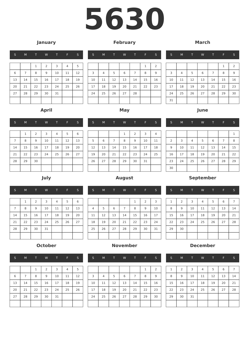 Printable 5630 Year Calendars dark